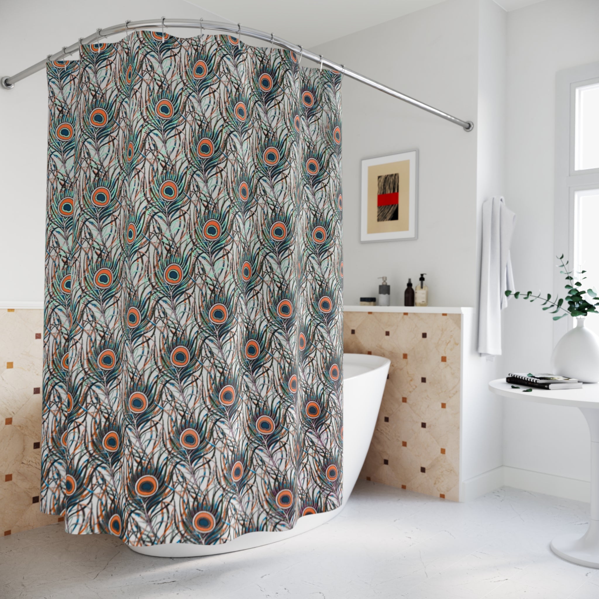Boho Shower Curtain | Peacock Feather Fabric Curtain