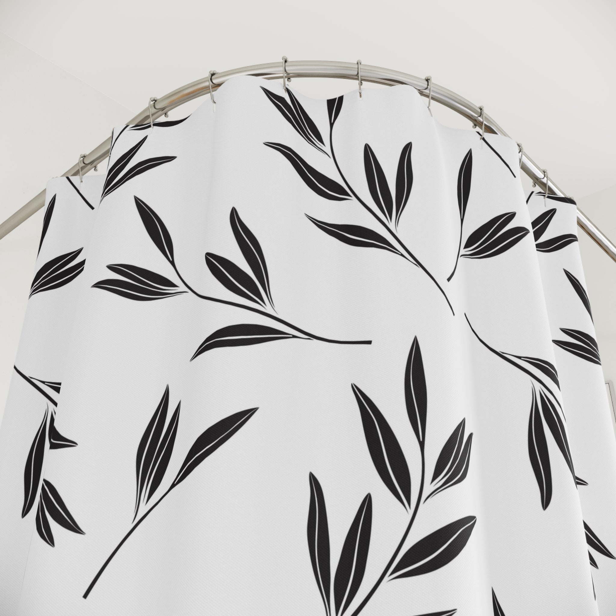 Black and White Botanical Shower Curtain, Flowy Polyester Bath Curtain 71x74
