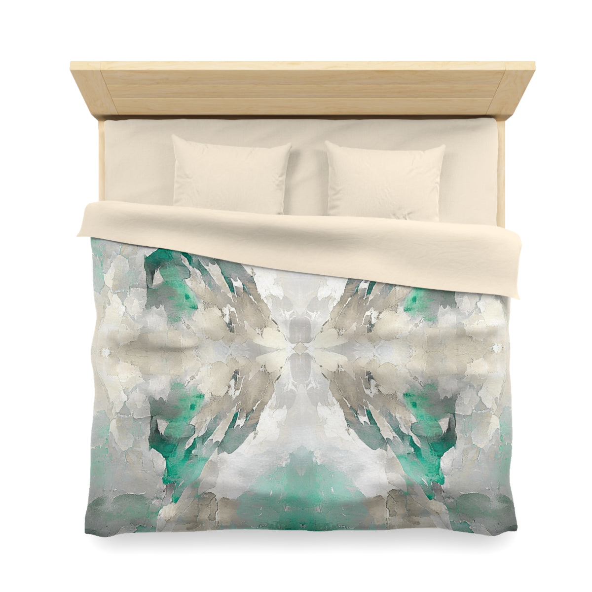 a neatly made bed with a white comforter and a colorful abstract pattern on the bedspread.