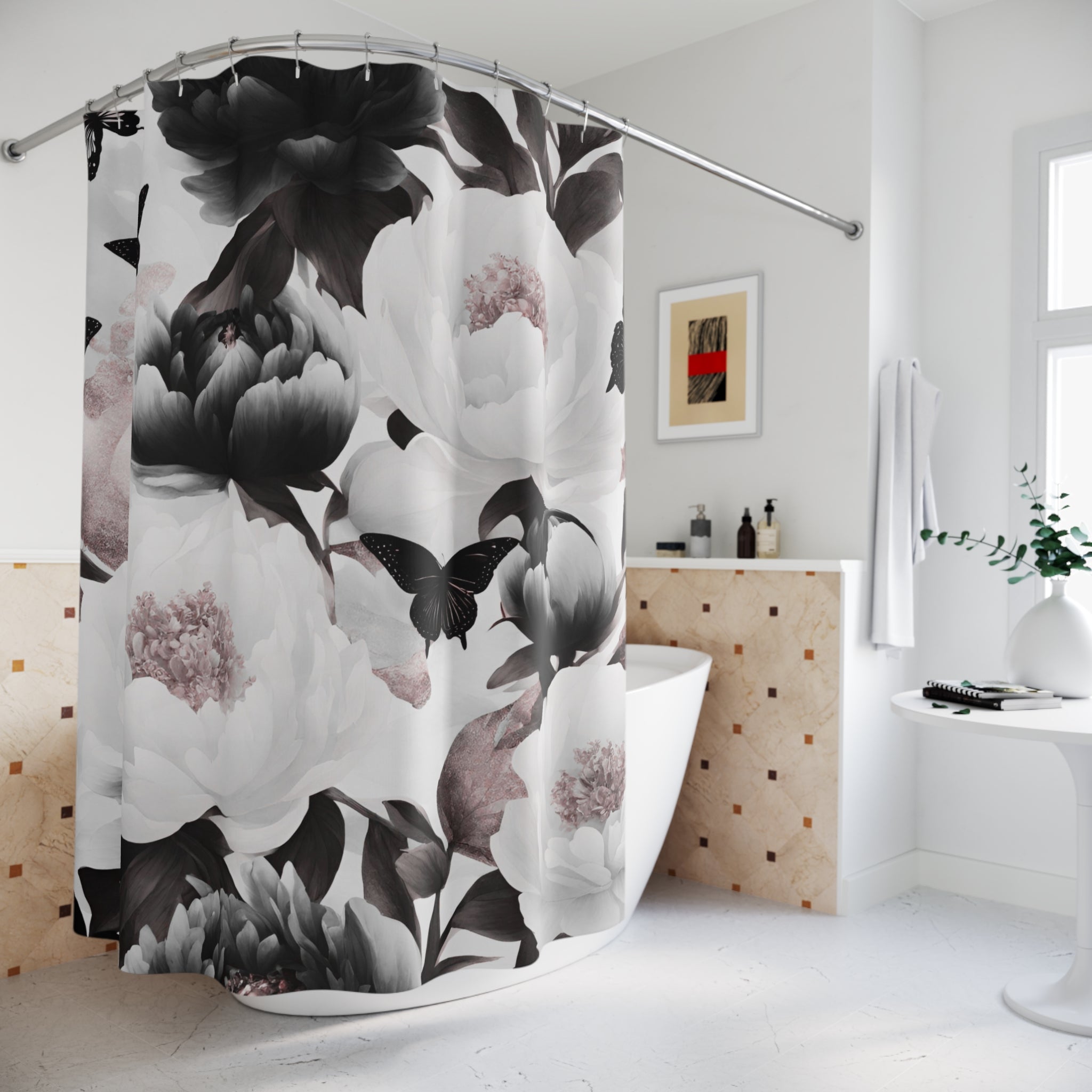 Floral  Shower Curtain | Black White Butterflies