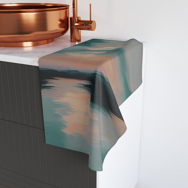 Abstract Kitchen, Bath Hand Towel | Ocean Sunset, Teal Orange