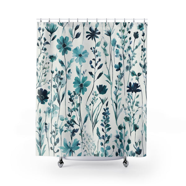 Floral Shower Curtain | Teal Green, Blue Wildflowers