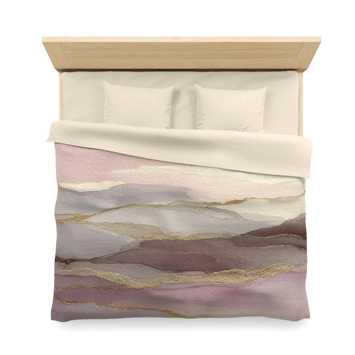 a bed with a white comforter and pillows, featuring a colorful abstract pattern in shades of pink, purple, and gold.