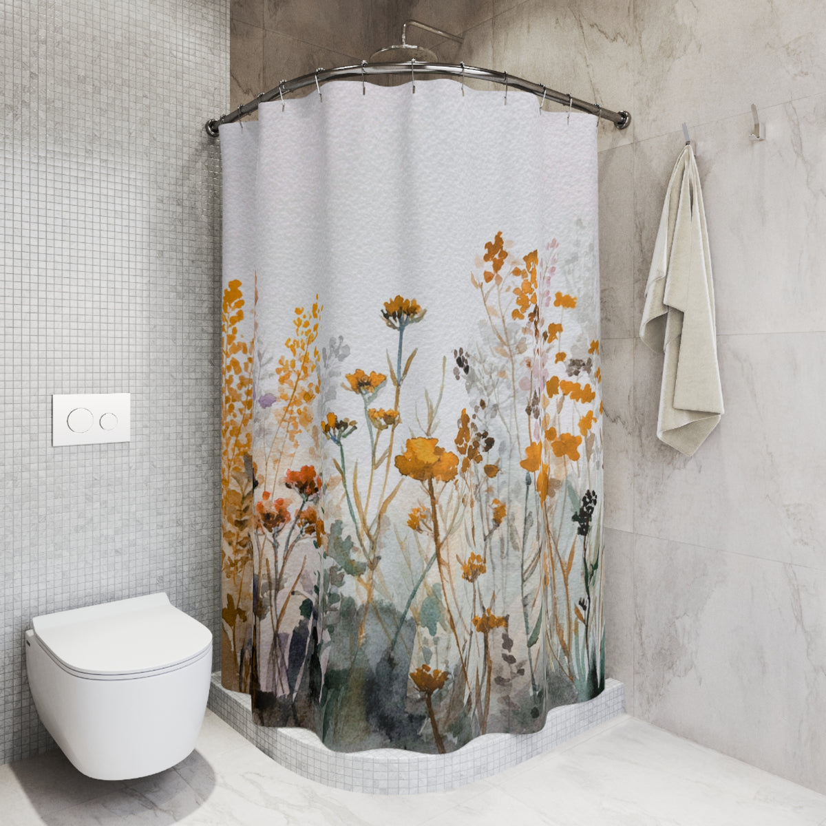 a bathroom with a shower curtain adorned with a floral pattern in shades of orange and green. The shower curtain is hanging from a rod, and there is a towel hanging on the wall next to it. The bathroom has a white toilet and a tiled wall, creating a clean and modern aesthetic.