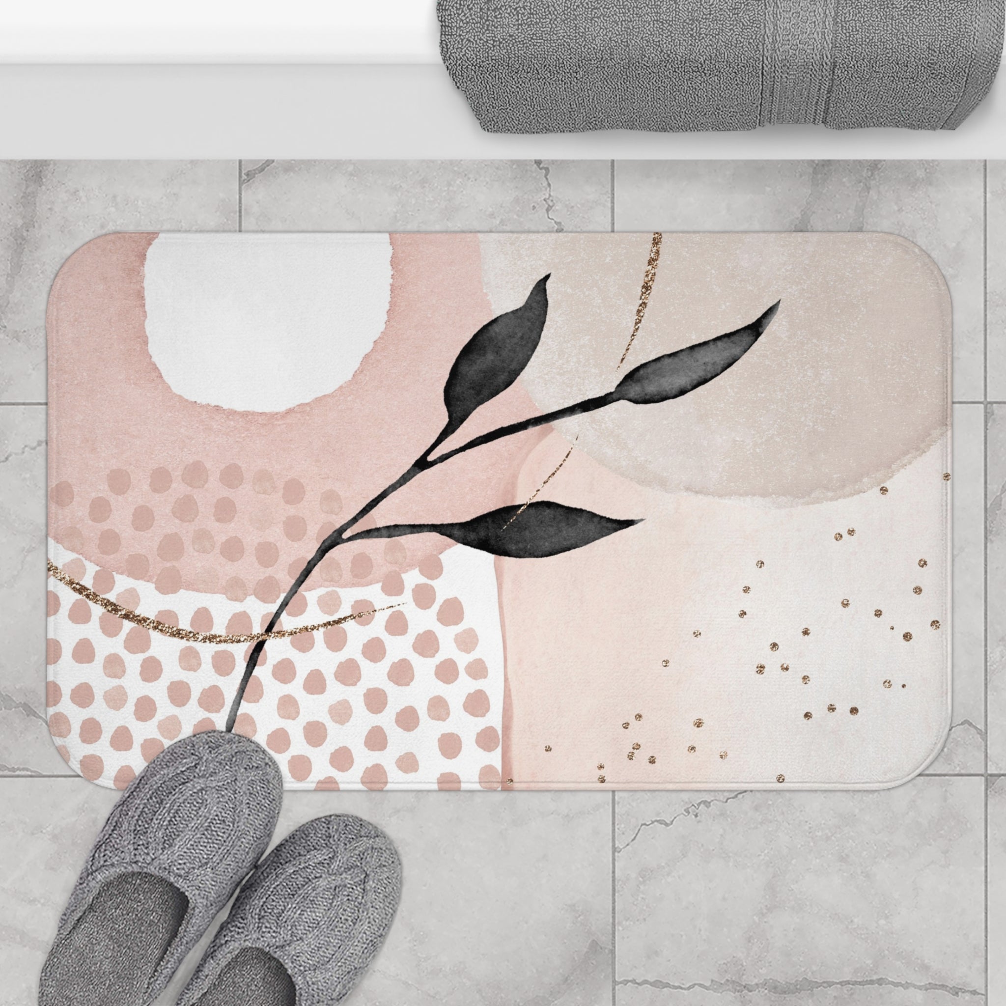 Abstract Boho Bath, Kitchen Mat | Blush Pink, Grey Black Leaf