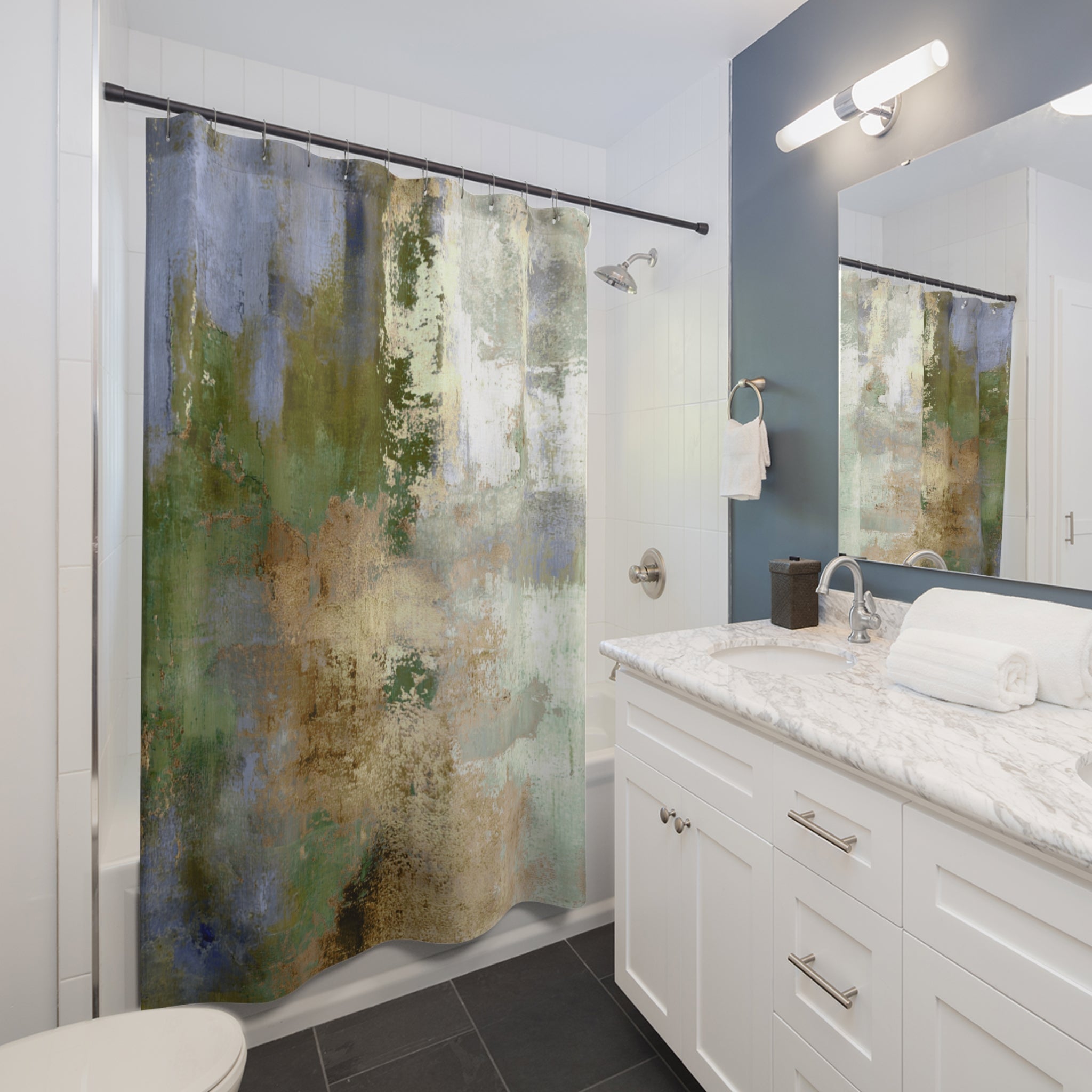 Boho Shower Curtain | Abstract Green Beige Bathroom Decor