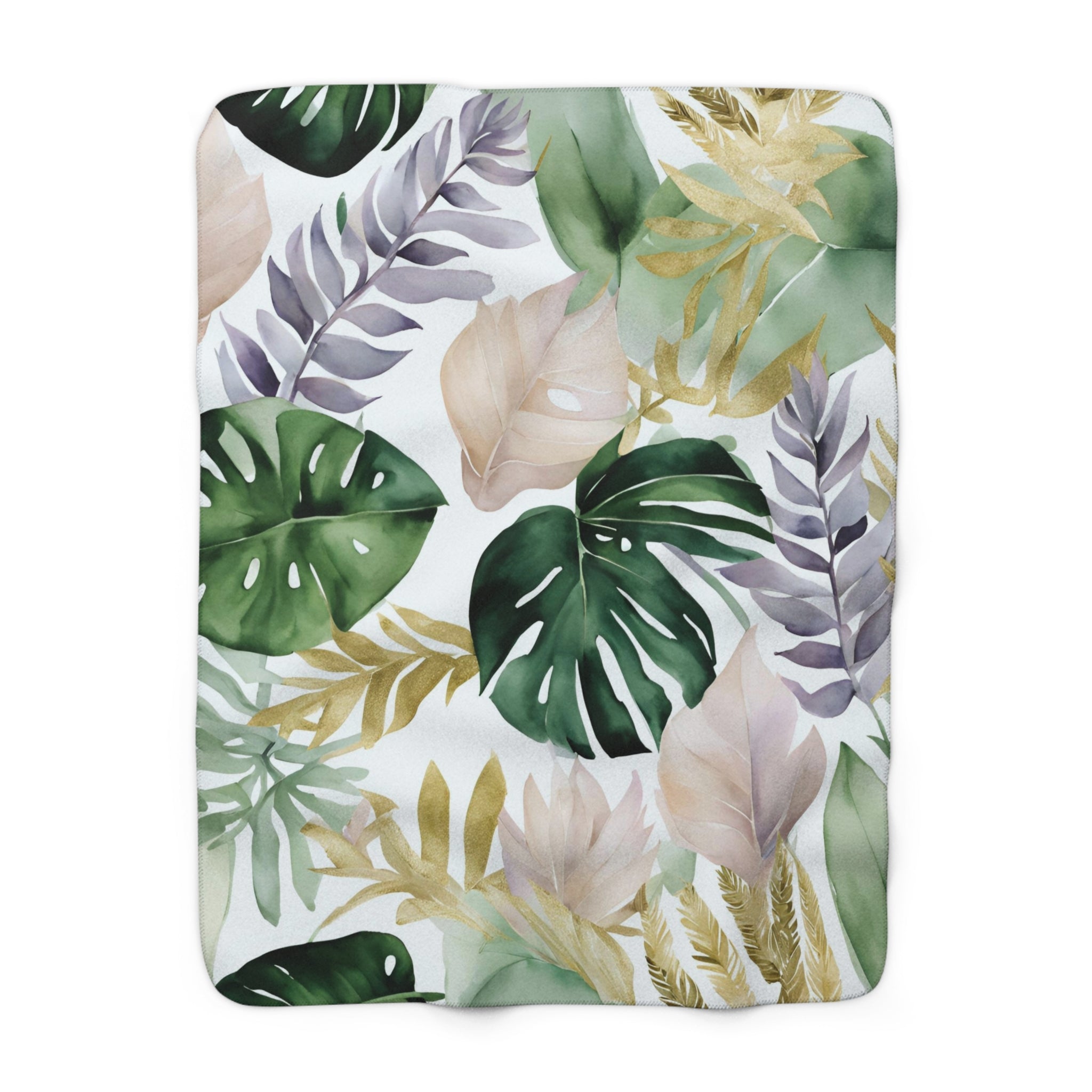 Tropical Floral Throw Blanket | Coastal Green, Purple Beige Blush Leaves