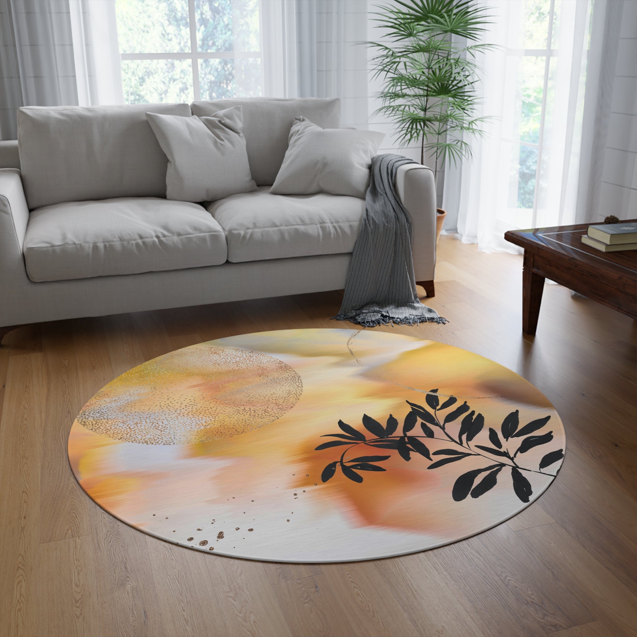 Round Area Rug | Yellow Orange Black Ombre Floral