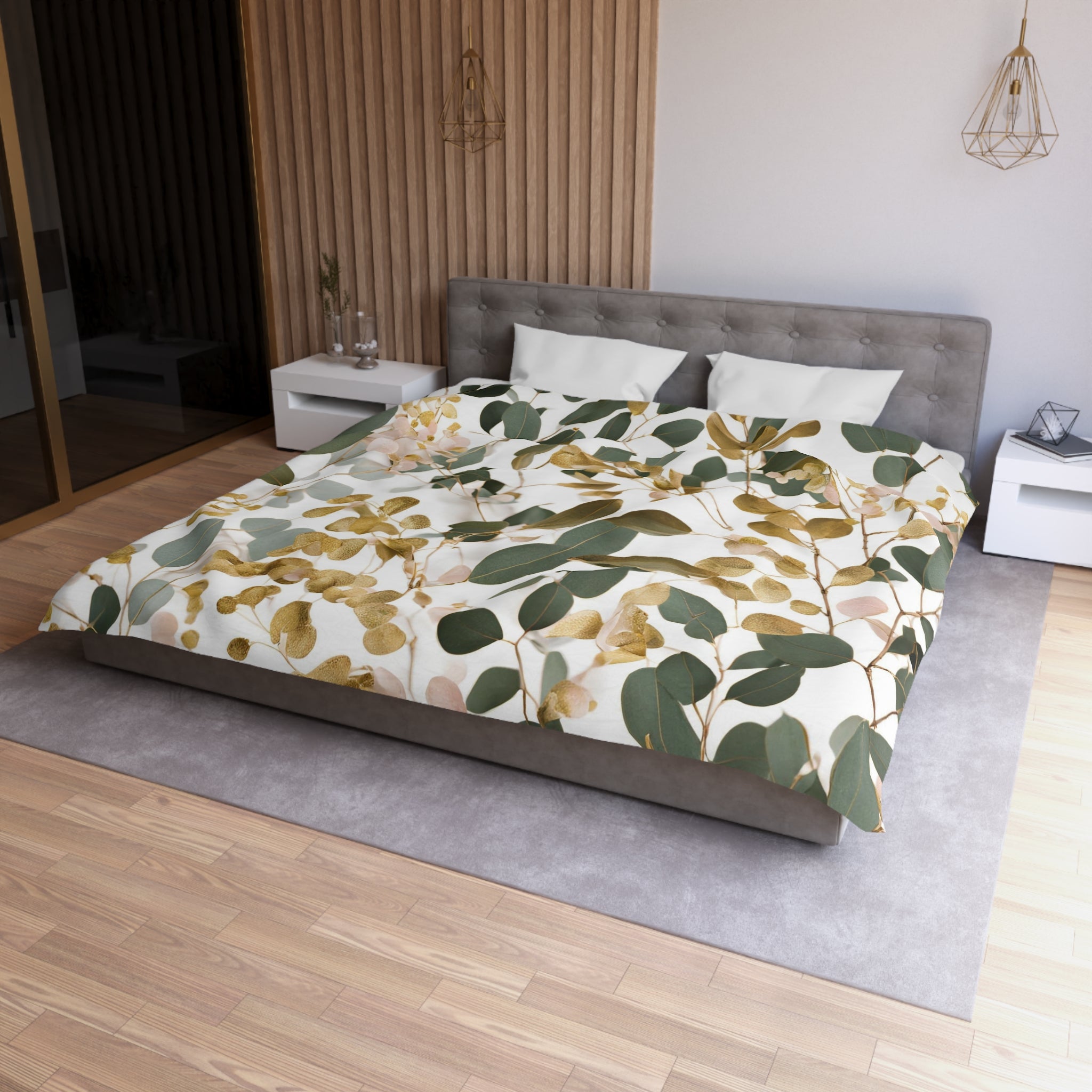 Floral Duvet Cover | Forest Sage Green, White Beige Eucalyptus Leaves Bedding Boho Decor