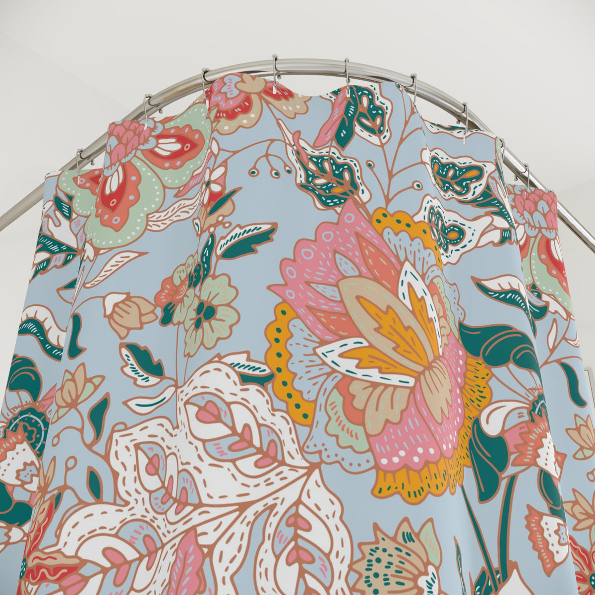 Coral Teal Jacobean Floral Shower Curtain, Bath Curtain 71x74