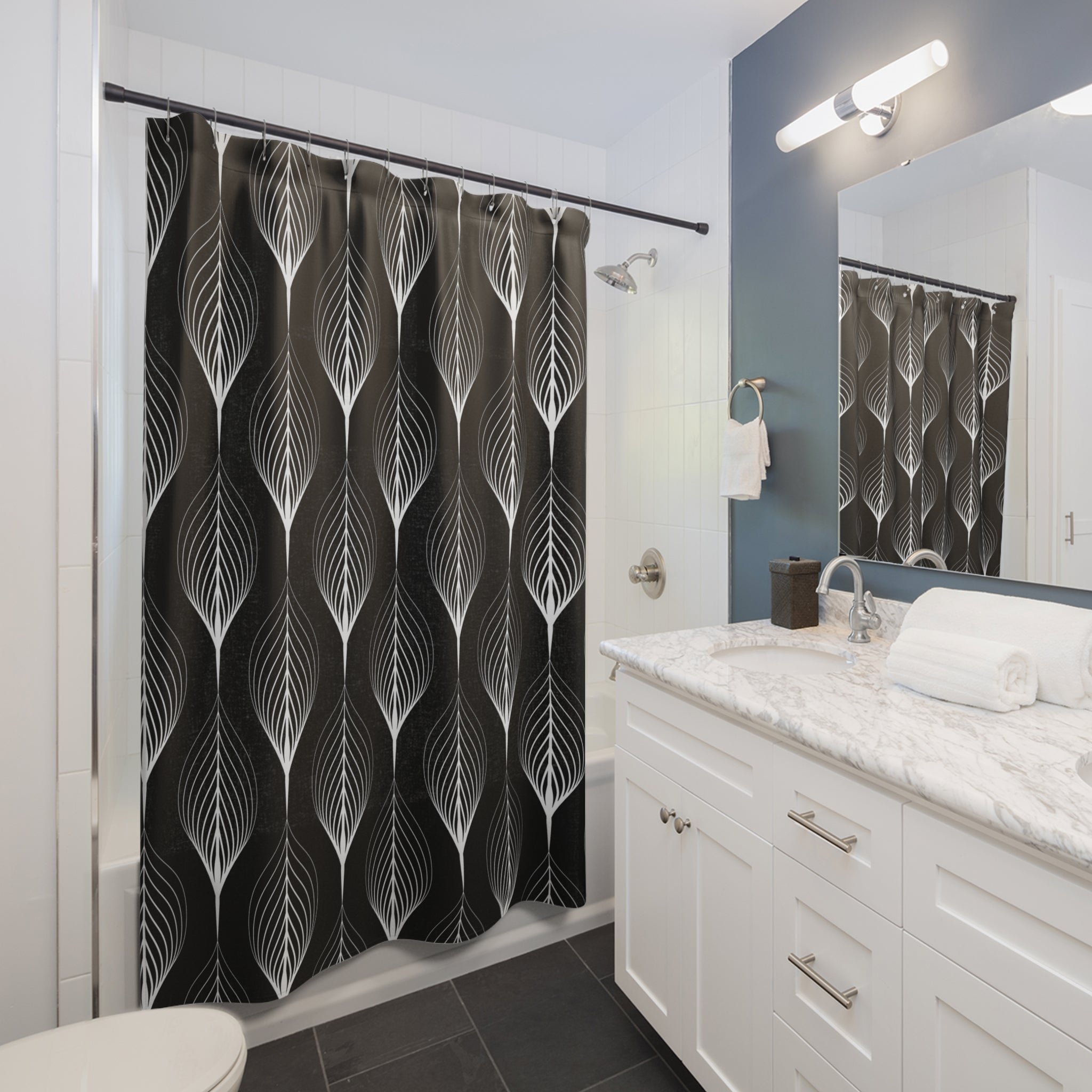 Art Deco Shower Curtain | Black White Leaves Bathroom Decor