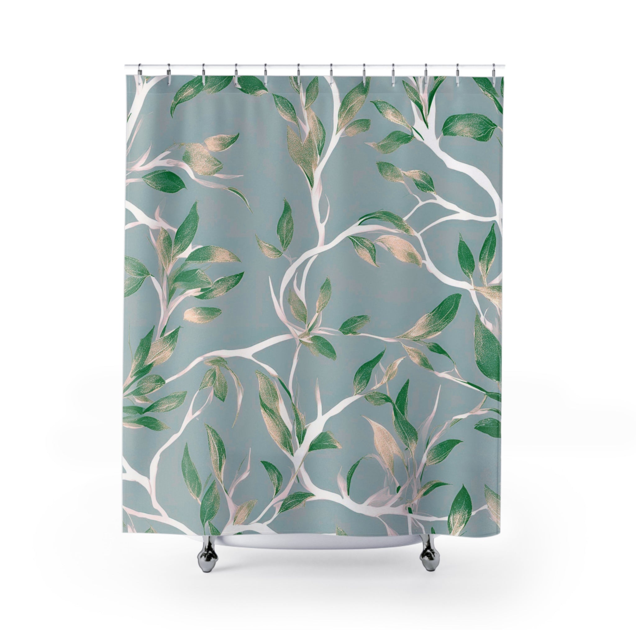 Boho Shower Curtain | Grey Green, Gold Beige White Leaves