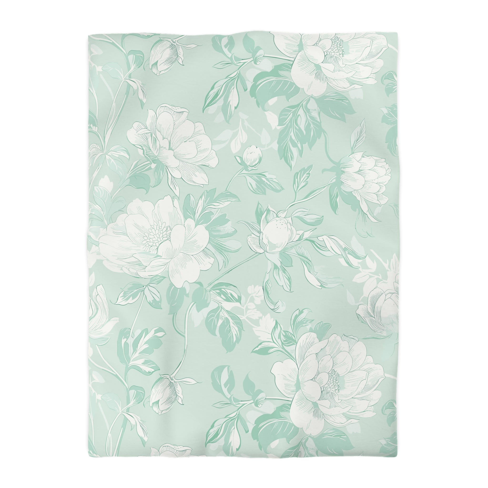 a repeating pattern of white flowers and green leaves on a light green background.