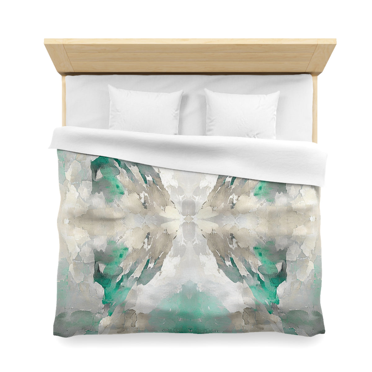 a bed with a white comforter and pillows, featuring a colorful abstract pattern in shades of green and gray.