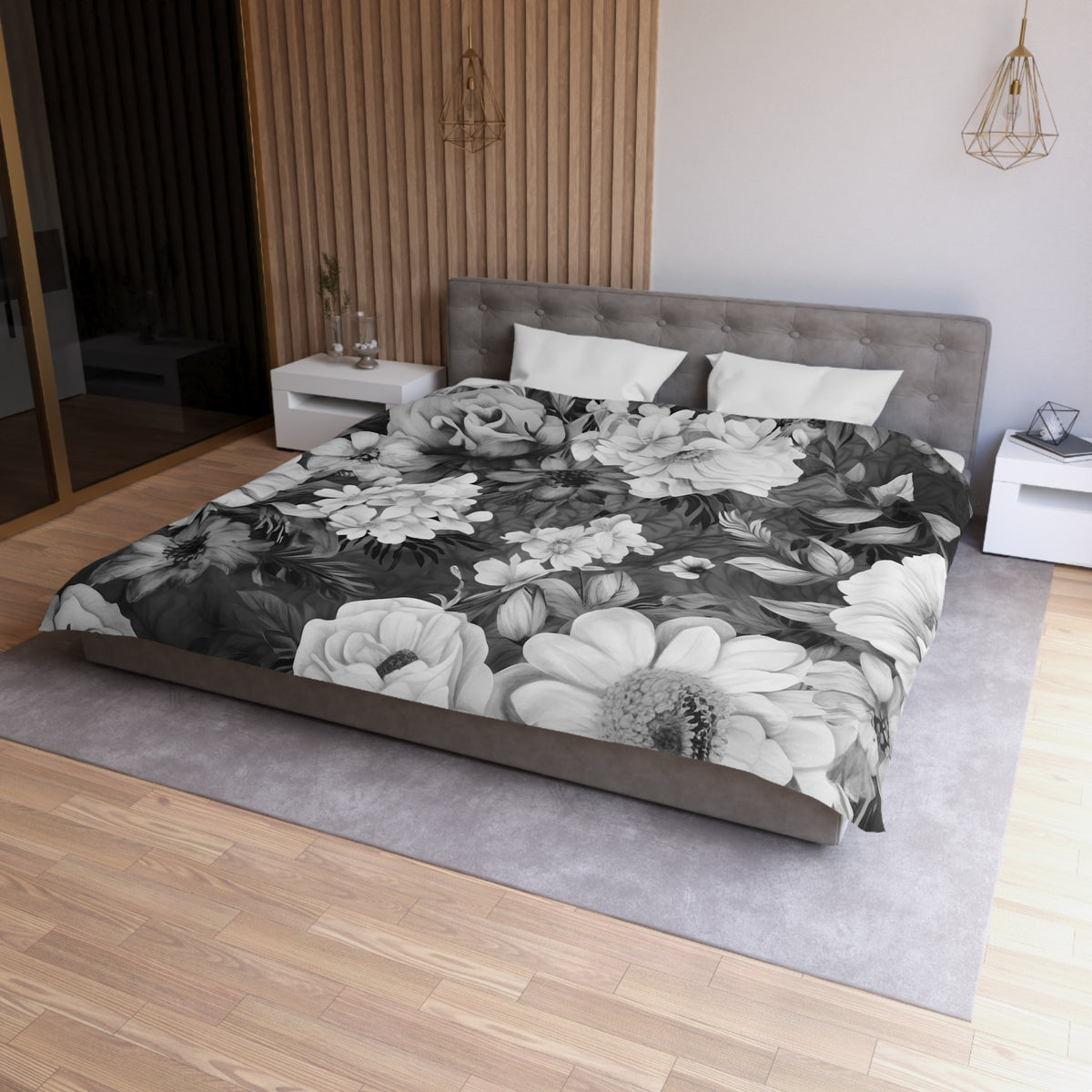 Black White Vintage Floral Duvet Cover | Grey Peony Rose Bedding