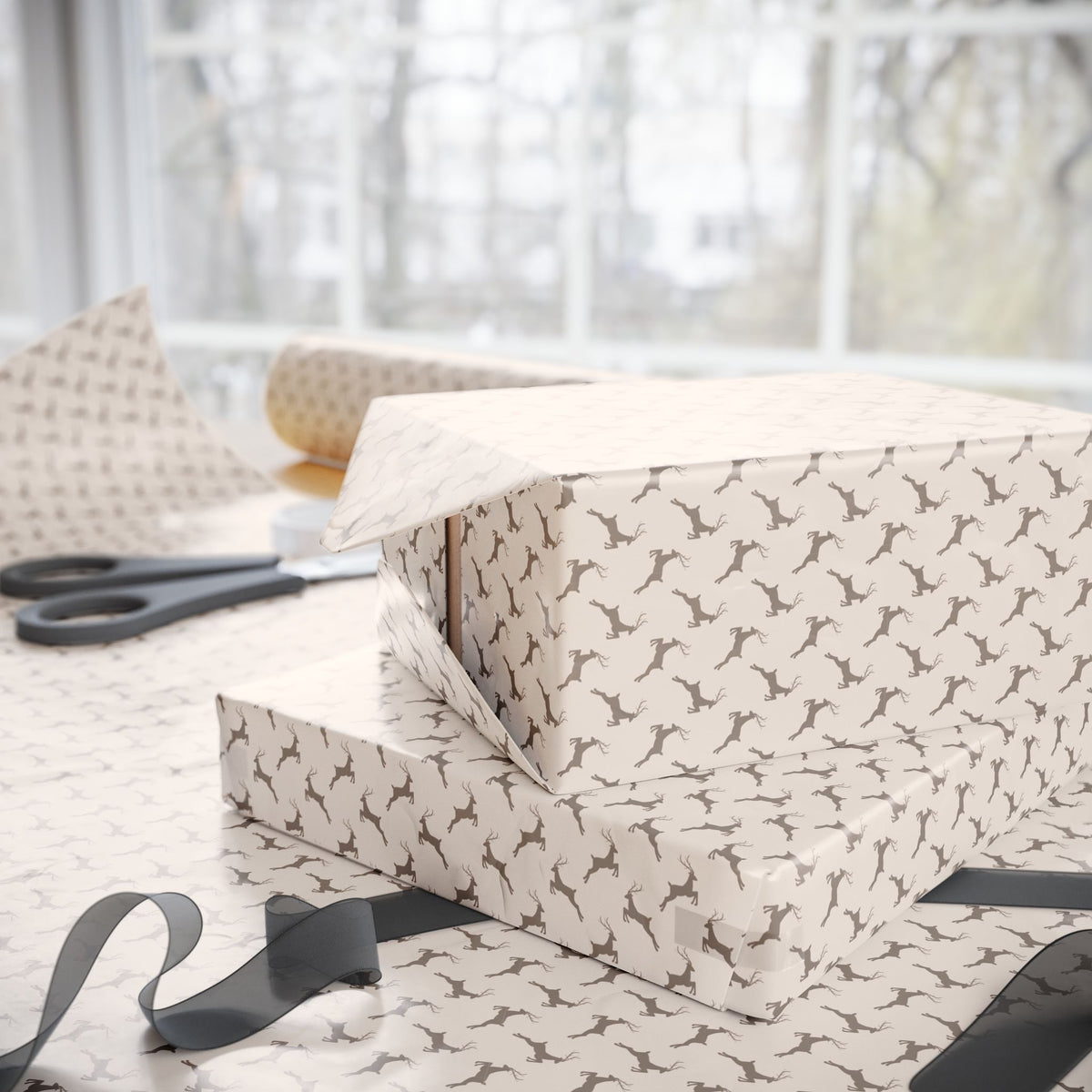 Taupe Leaping Reindeer Christmas Wrapping Paper, Gift Wrap