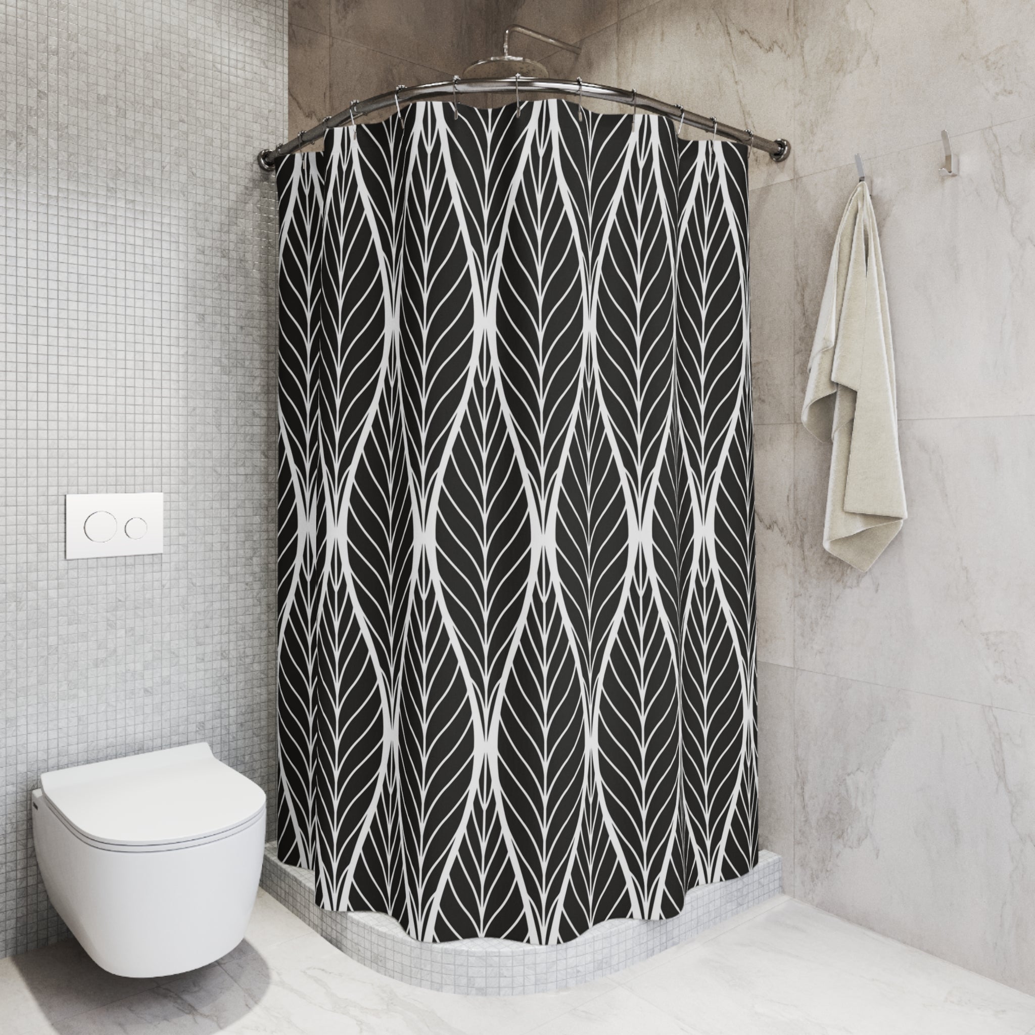 Black White Shower Curtain | Art Noveau Leaves Fabric Curtain