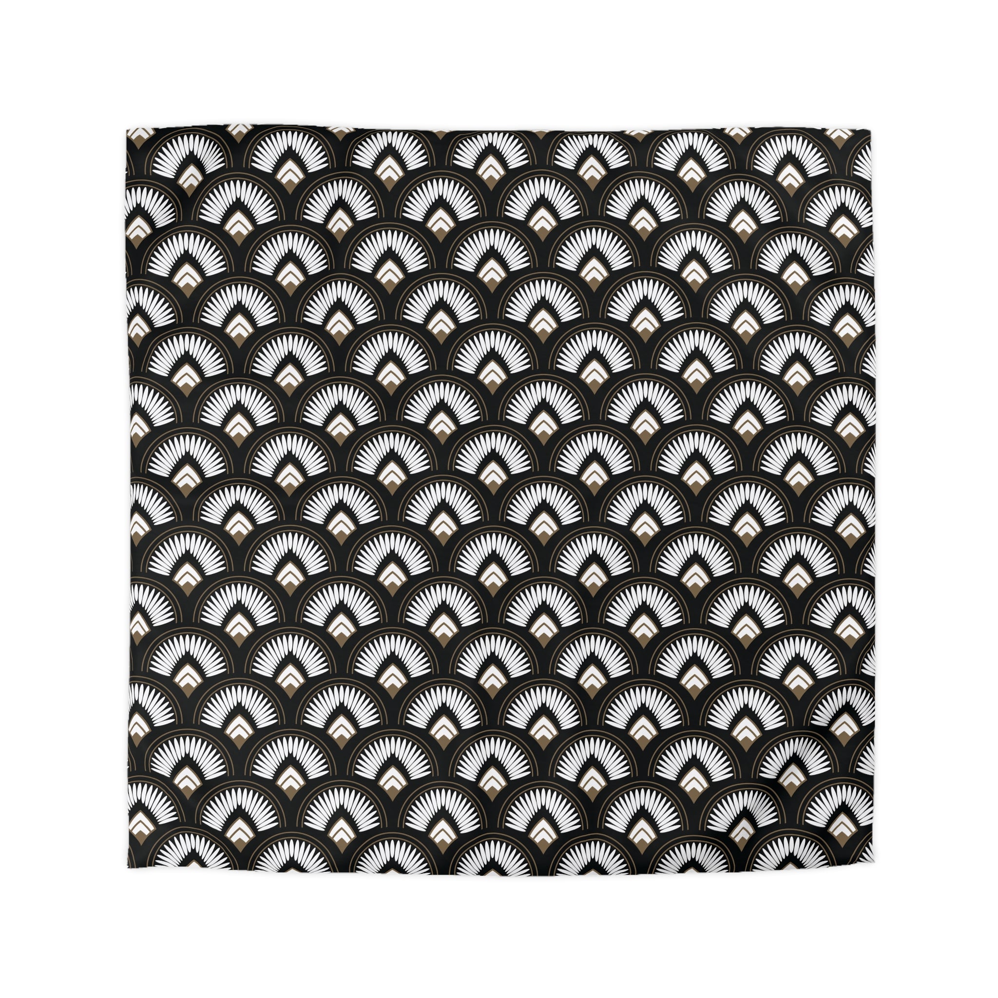 a repeating pattern of black and white fan-like shapes on a white background.