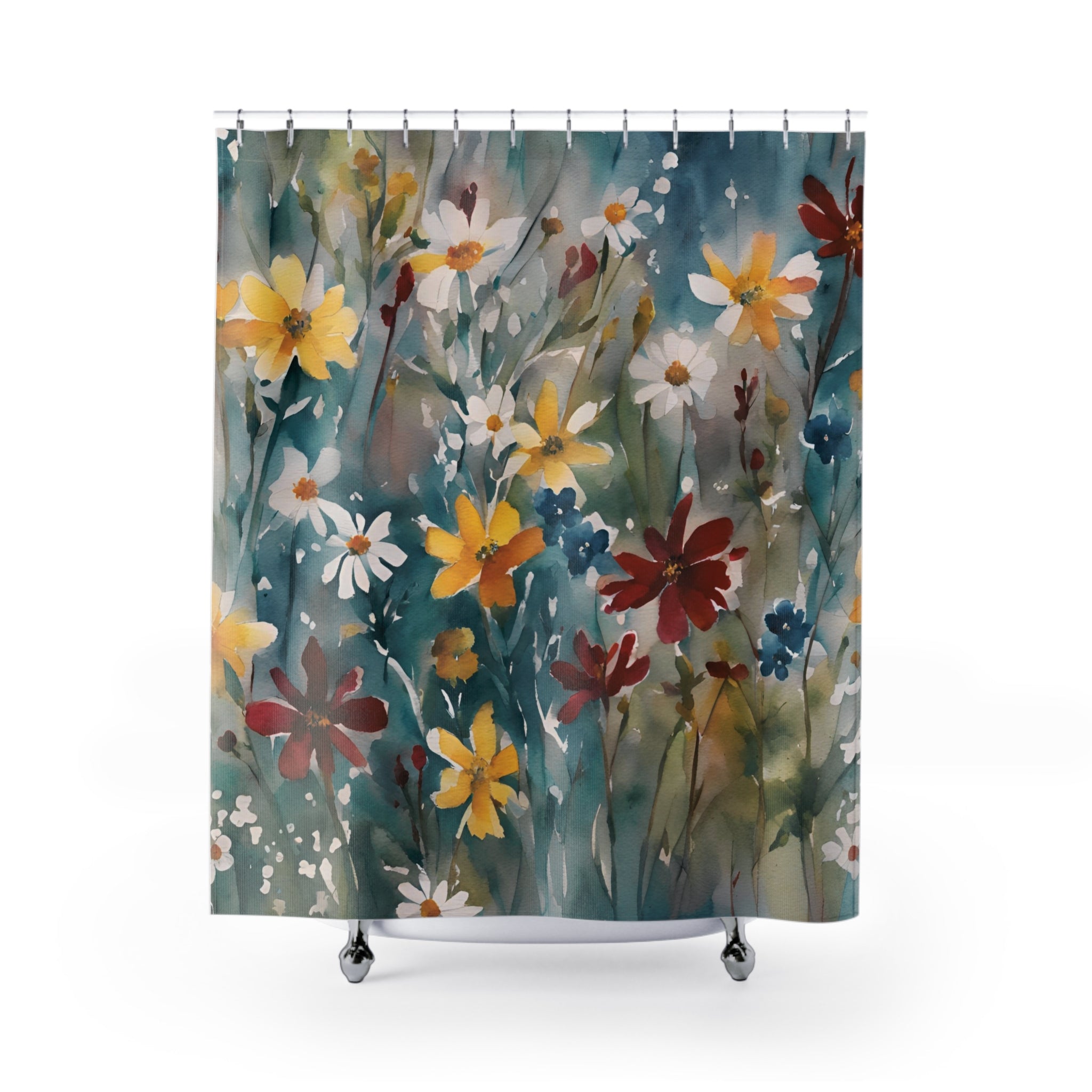 a shower curtain with flowers painted on it