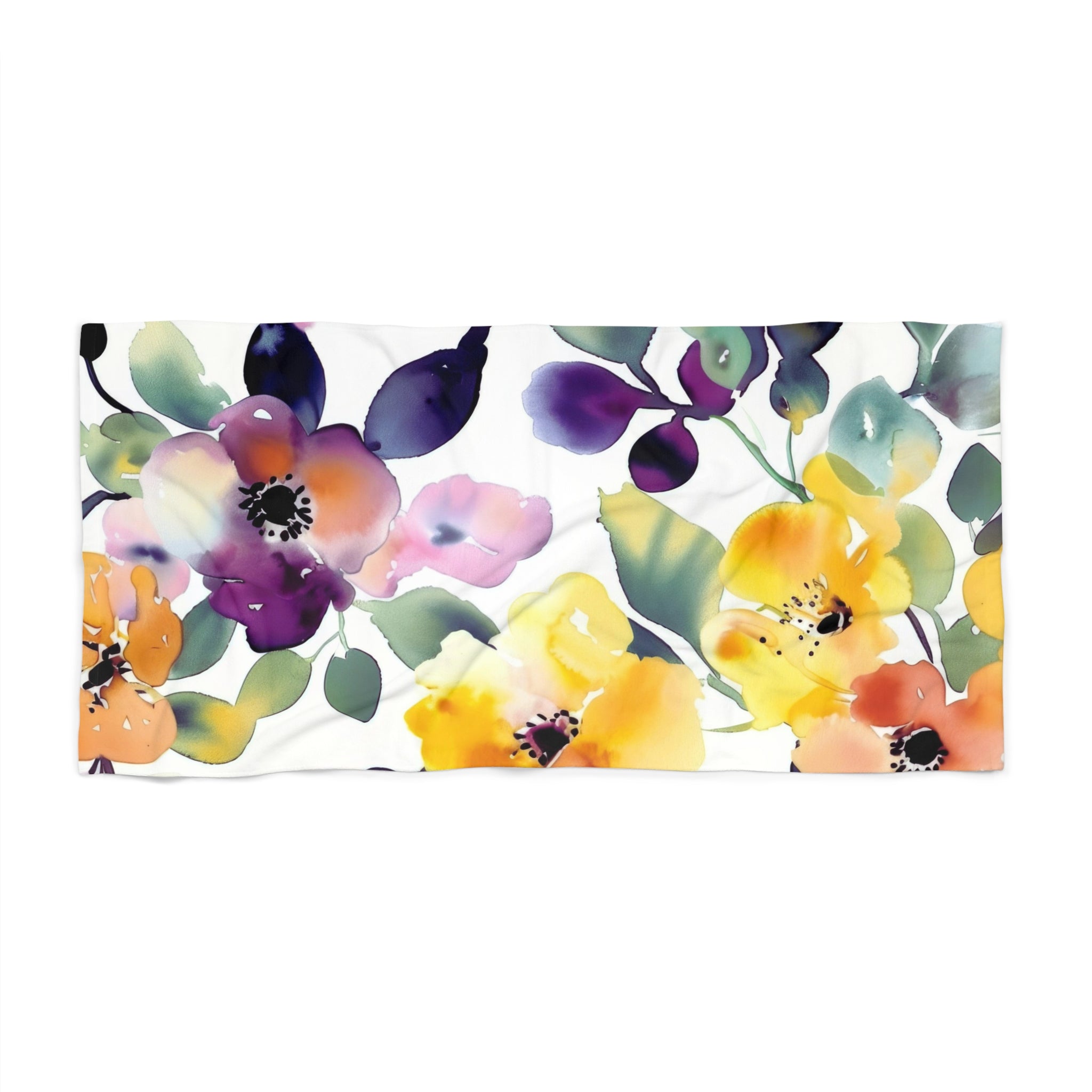 Floral Bath, Beach Towel | Botanical Yellow Purple, green Watercolor