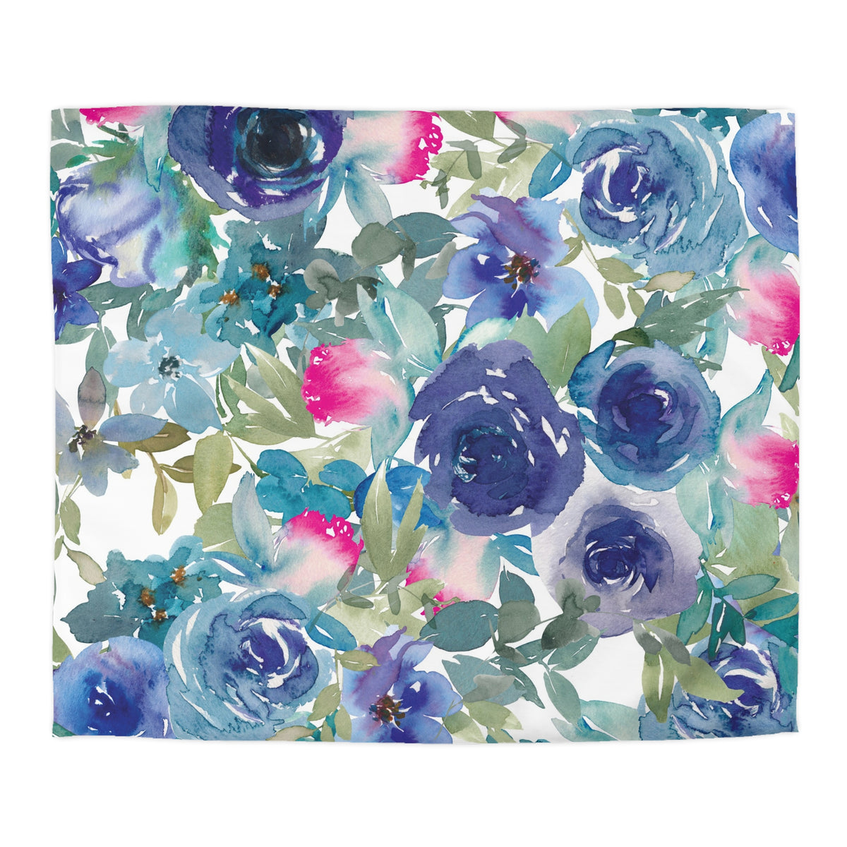 The image is a vibrant and colorful floral pattern featuring various shades of blue, pink, and green flowers and leaves.