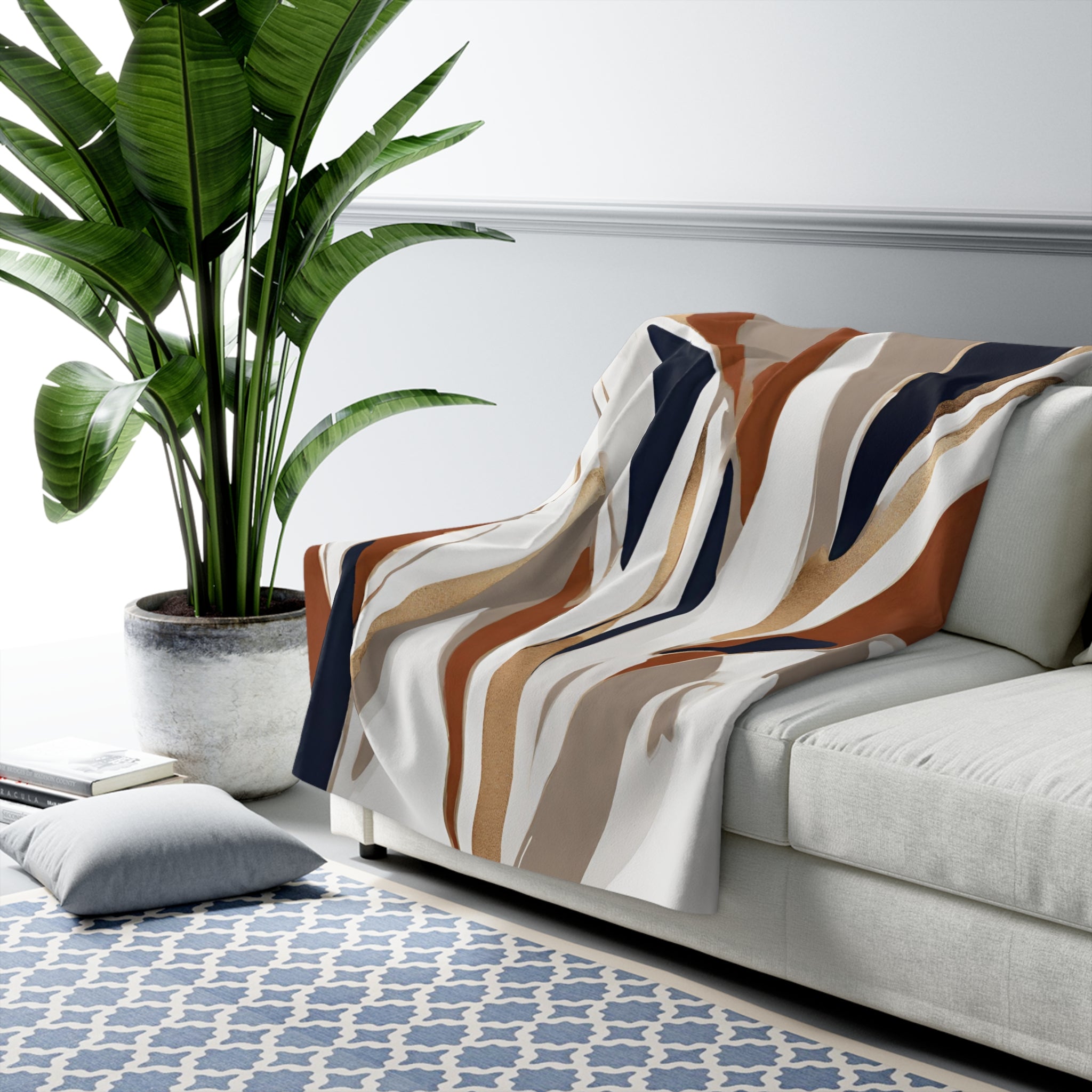 Abstract Boho Couch Throw Blanket | Beige Rust, Navy blue White