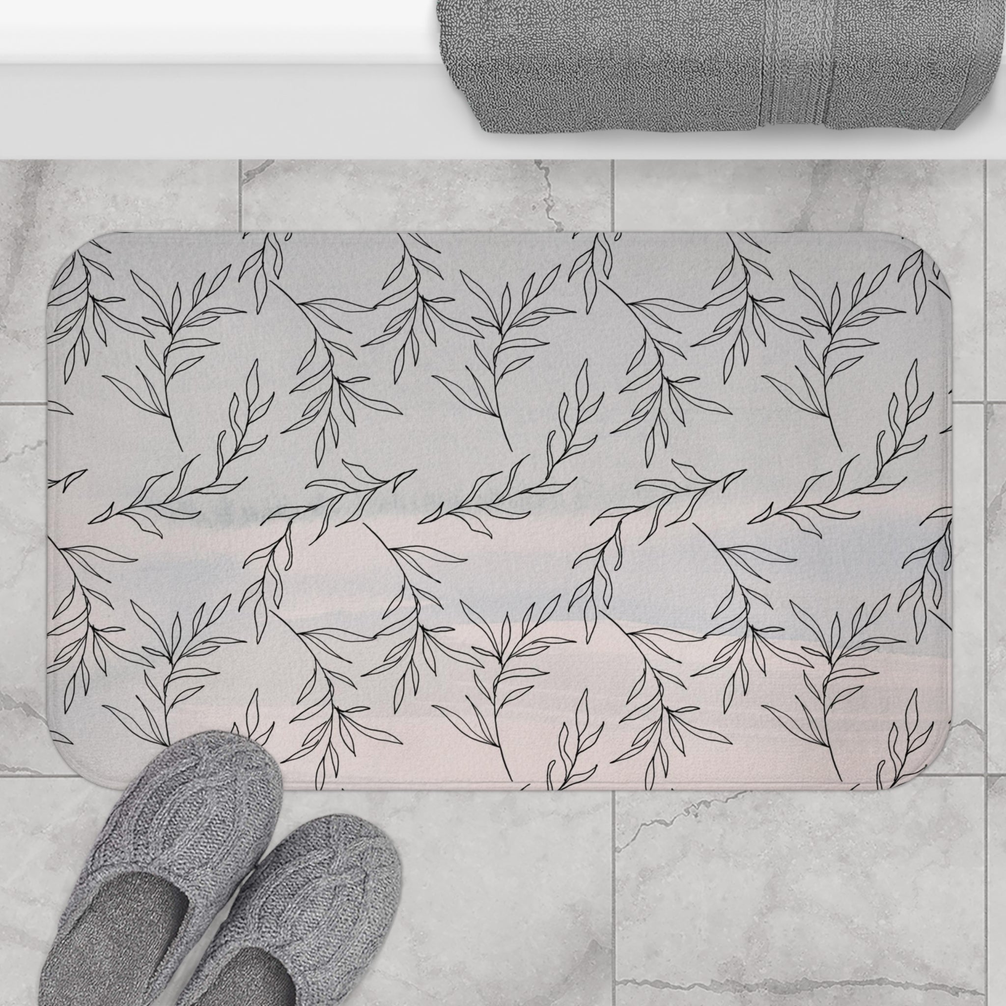 Abstract Bath, Kitchen Mat, Rug | Pastel Gray Pink One Line Art