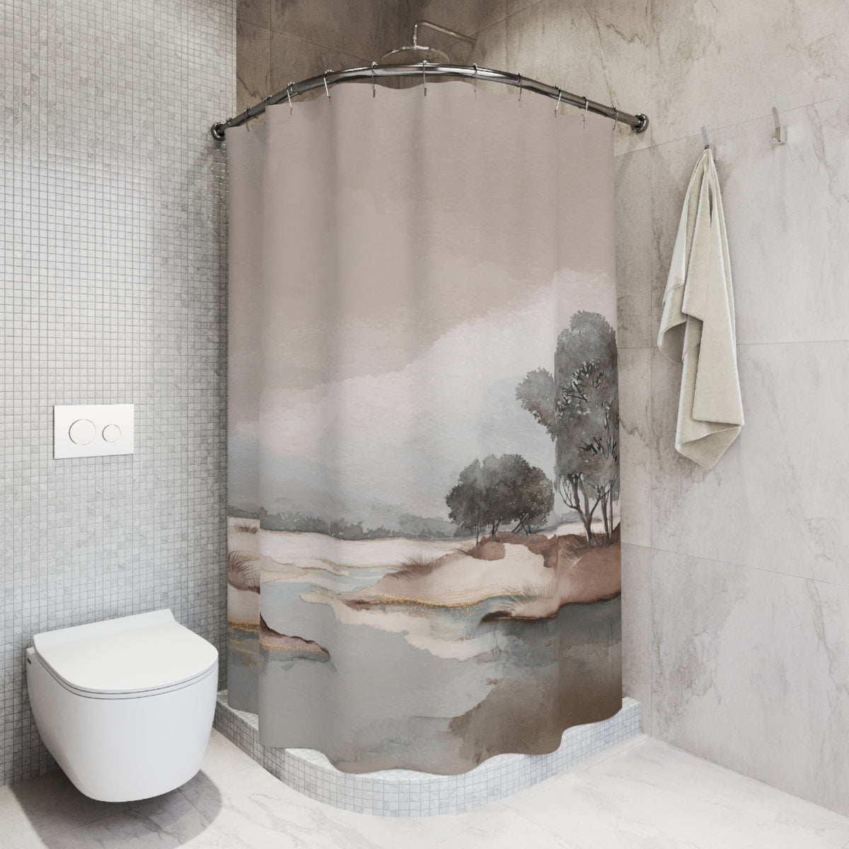 a bathroom with a shower curtain featuring a landscape scene, including trees and a body of water.