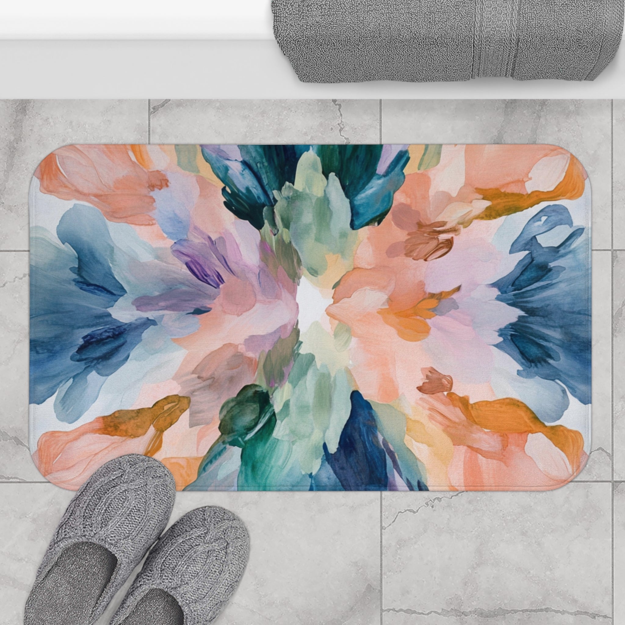 Colorful Bath Mat | Abstract Art, Peach Blush Green Blue White Kitchen Mat