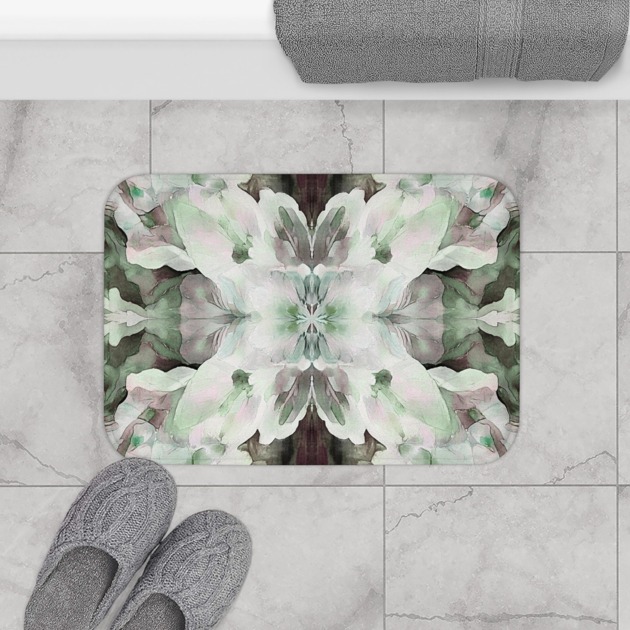 Abstract Bath Mat | Green Grey Watercolor Kitchen Mat