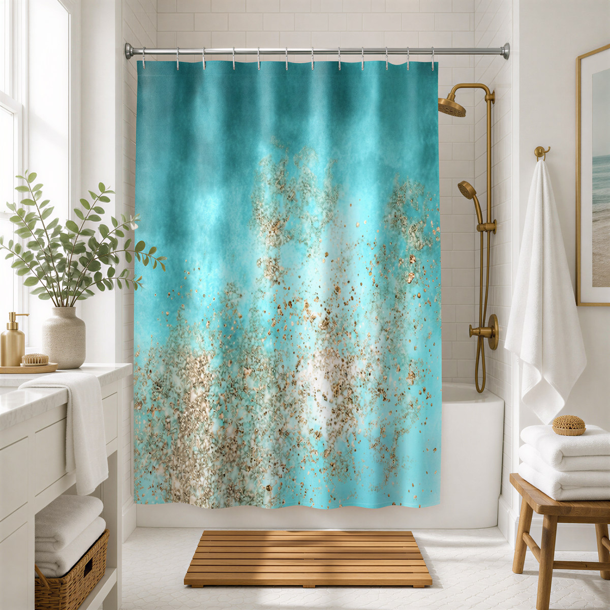A bathroom with a shower curtain featuring a turquoise and gold design, a wooden bench, a white sink, and a potted plant.