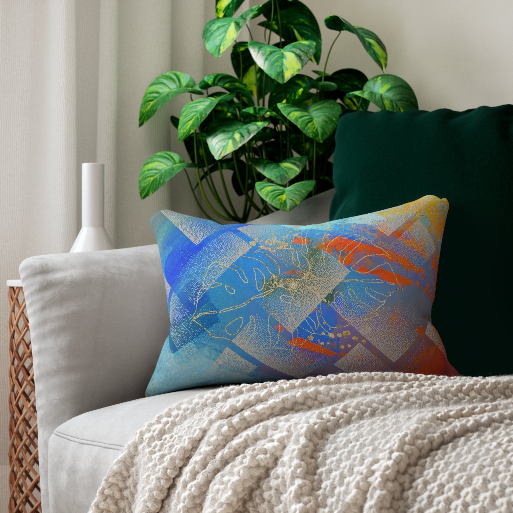 Abstract Lumbar Pillow | Blue Orange, Gold Monstera Leaves