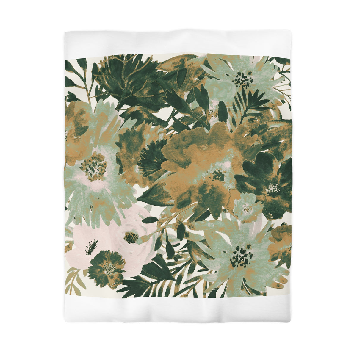 a vibrant and lush floral pattern with a variety of green, pink, and white flowers and leaves. The colors are predominantly green, with some pink and white accents, creating a visually appealing and harmonious composition.