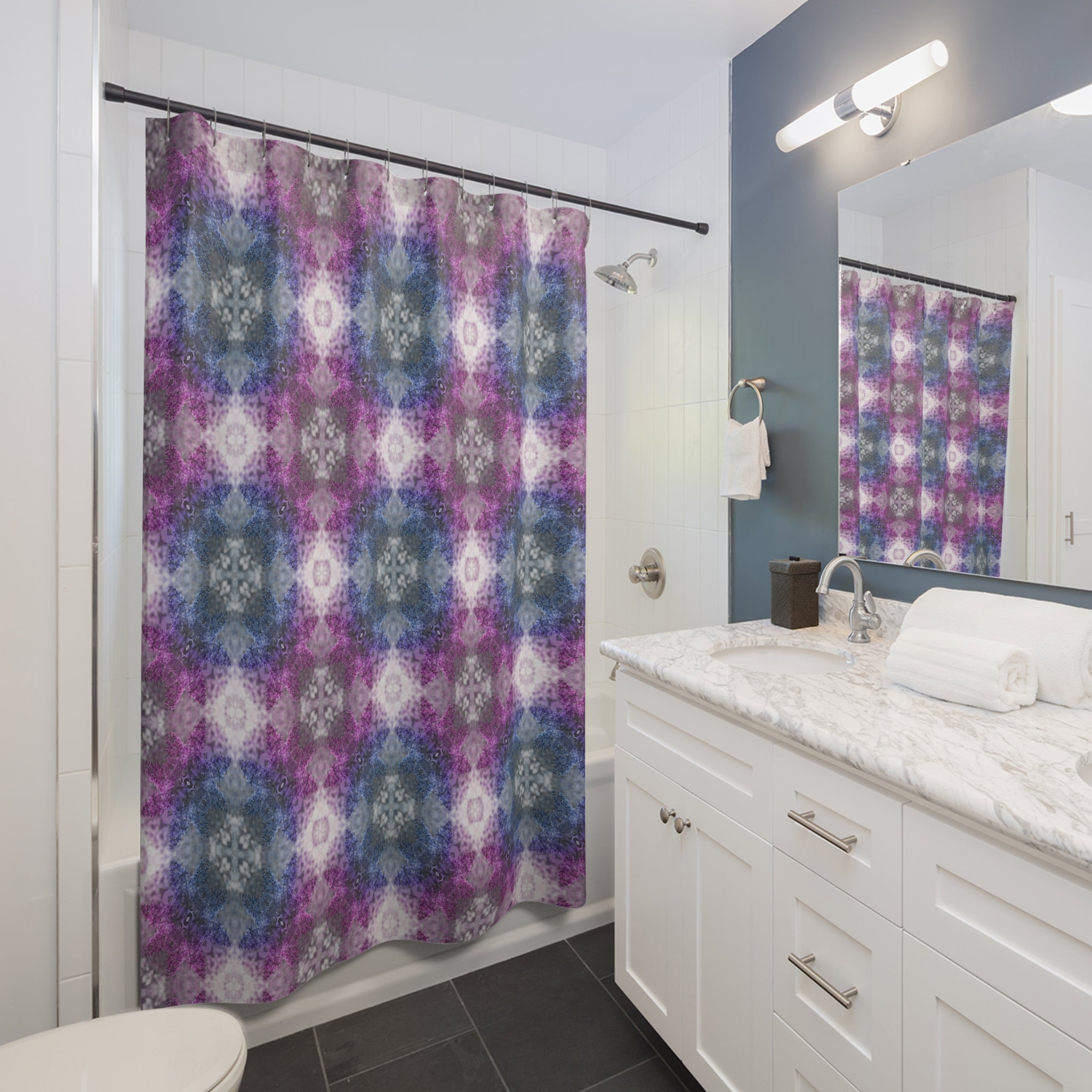 Abstract Shower Curtain | Purple & Blue Watercolor Kaleidoscope