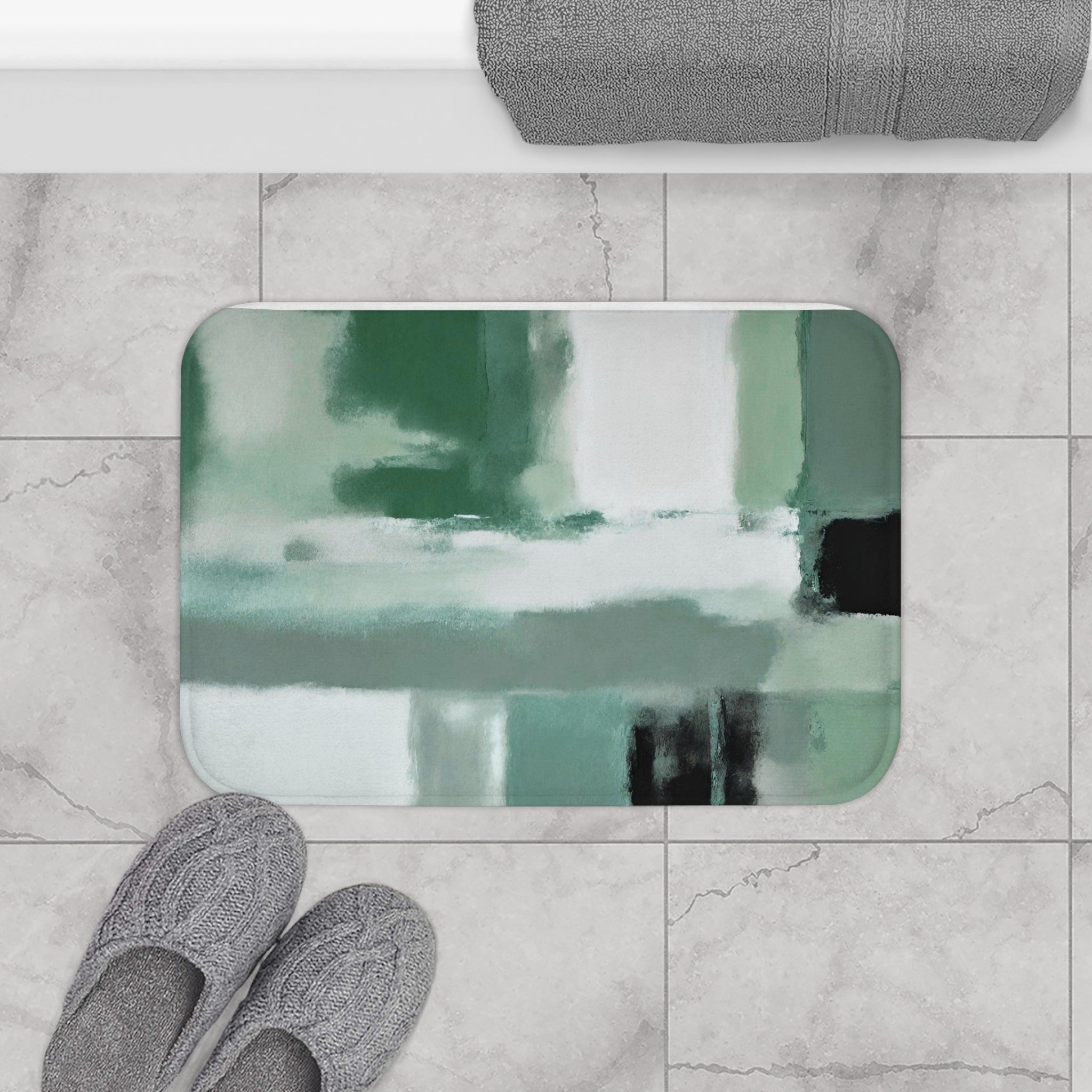 Boho Abstract Bath Mat | Sage Green, Grey Black Kitchen Mat