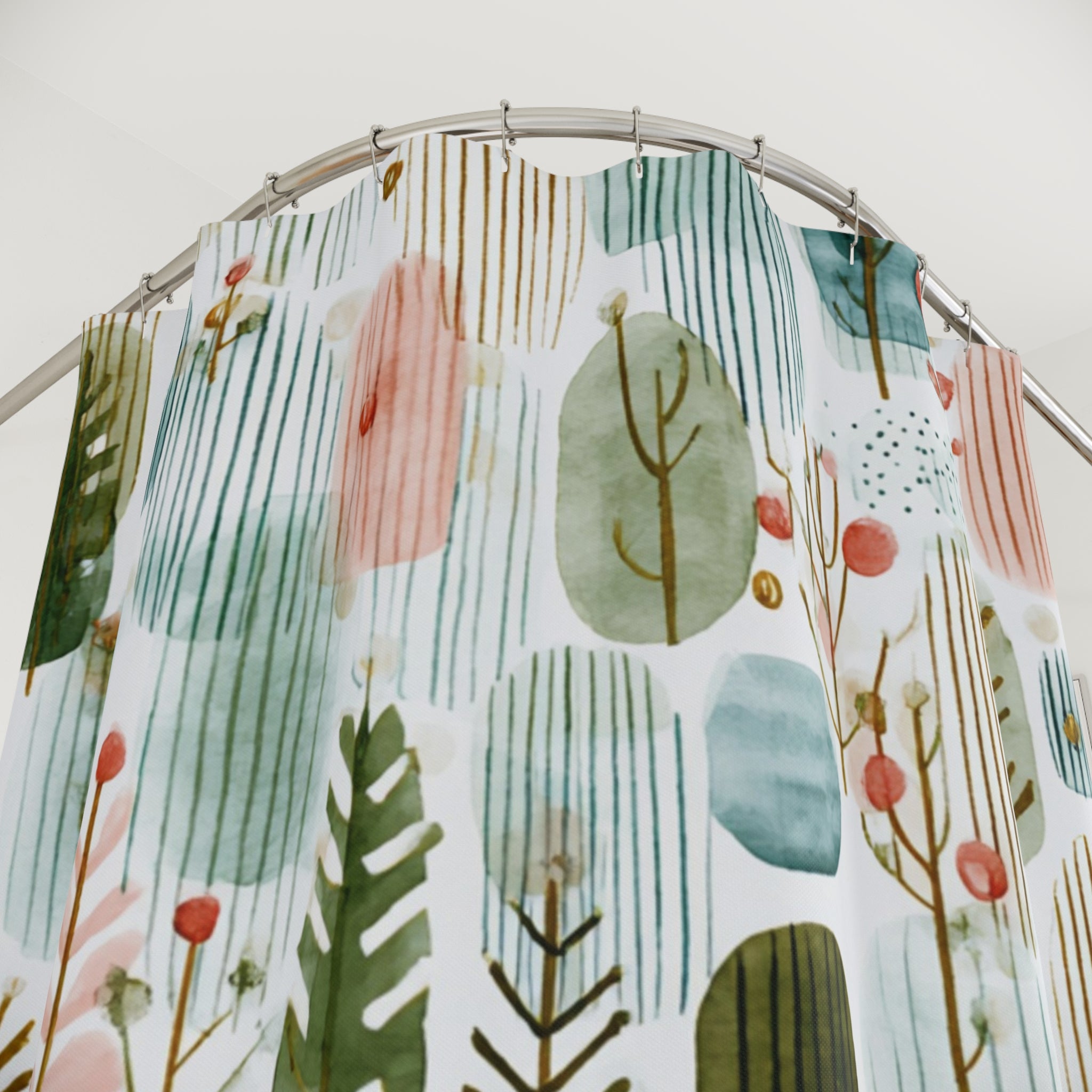 Boho Shower Curtain | Winter Watercolor Pastel Green White Leaves