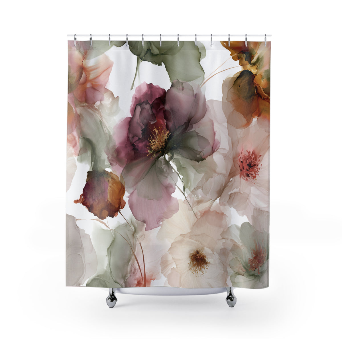Blush Sage Watercolor Floral Shower Curtain, Bath Curtain 71x74