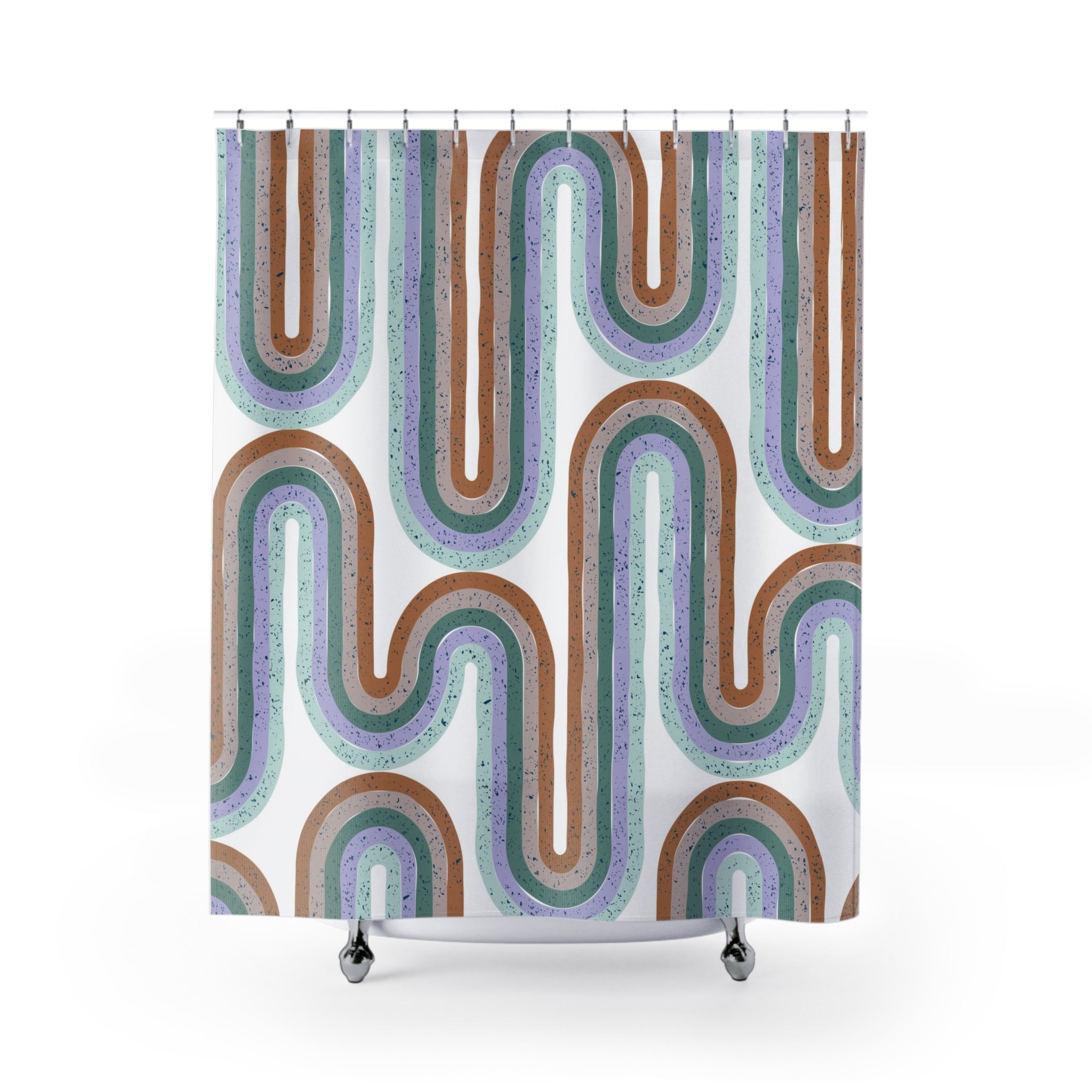 a 70s retro shower curtain with a colorful pattern on it