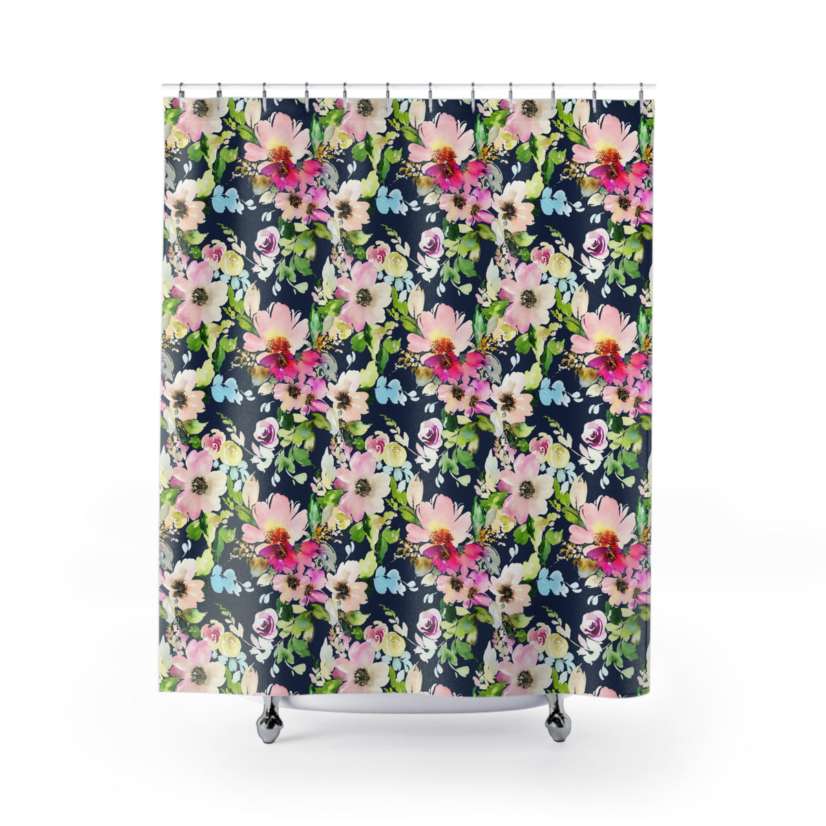Navy Pink Watercolor Floral Shower Curtain, Bath Curtain 71x74