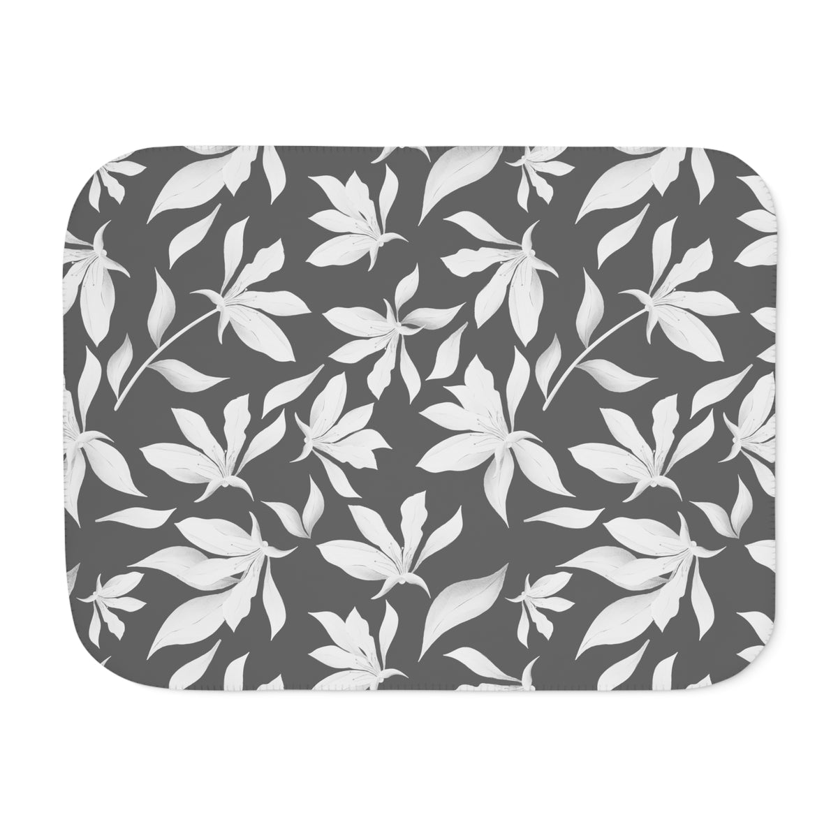 Charcoal Gray White Lily Sherpa Blanket | Modern Floral Throw