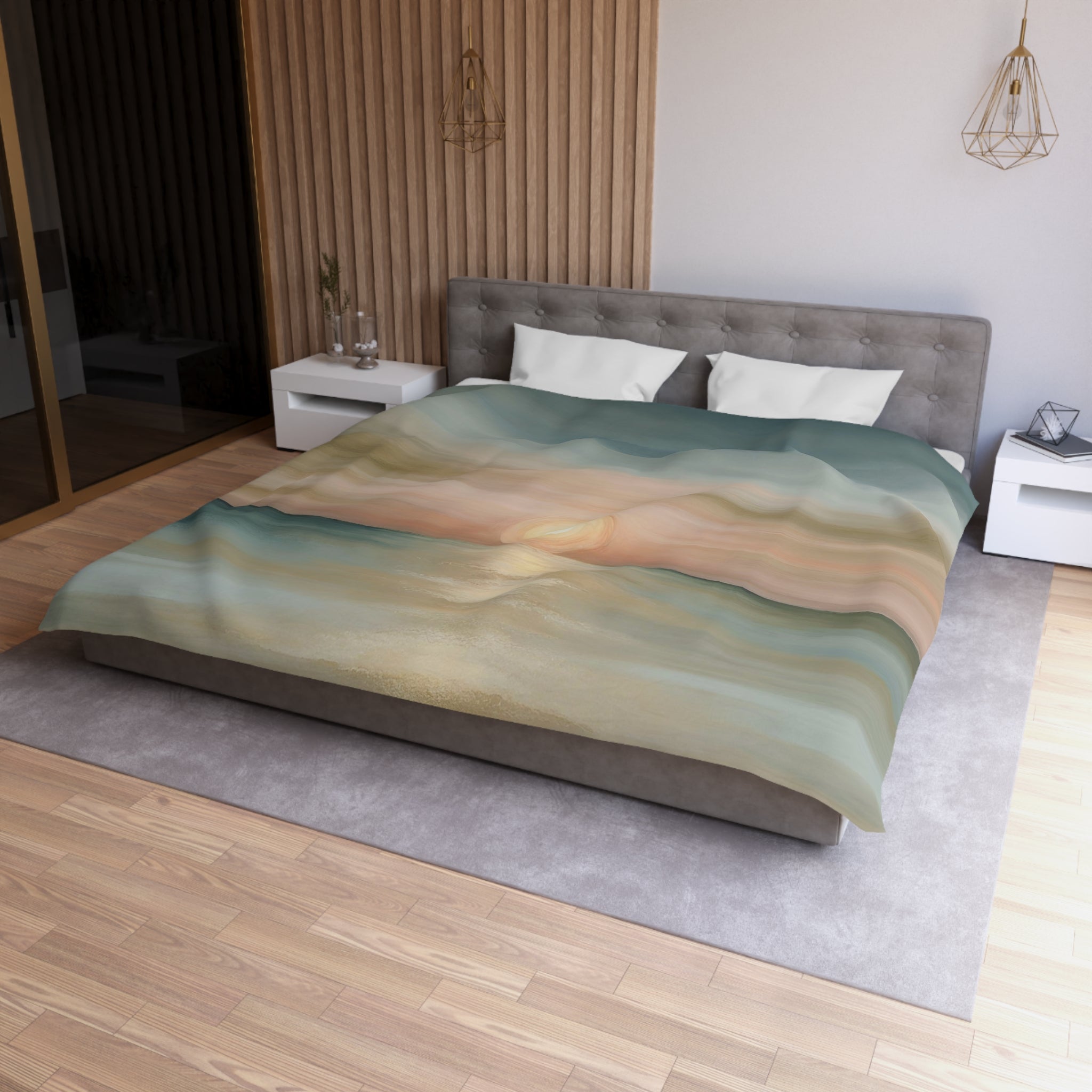 Abstract Sunset Duvet Pillow Cover Set | Beige Sun, Teal Green Blue, Blush Pink