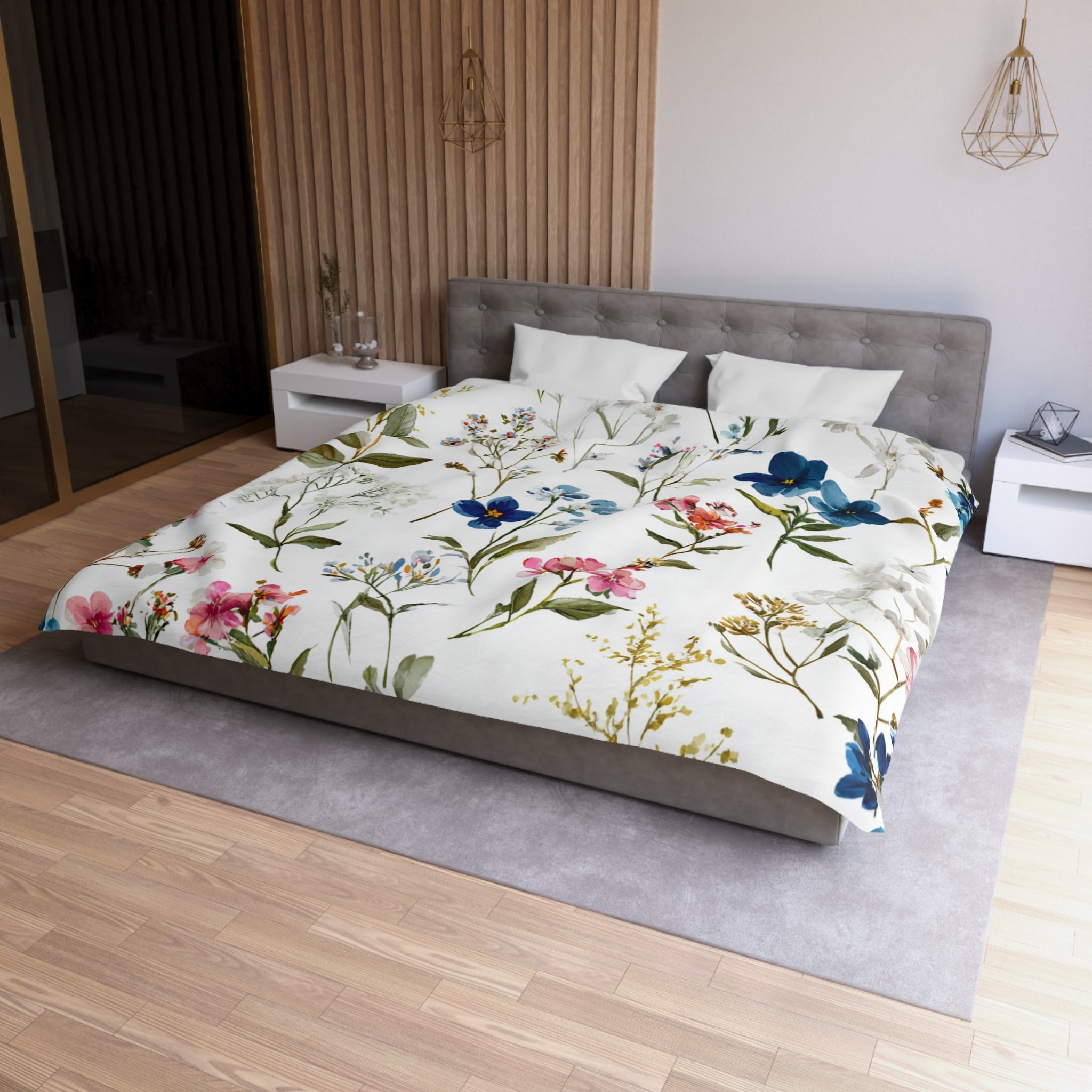 Floral Modern Duvet, Pillow Cover | White Green Bedroom Decor