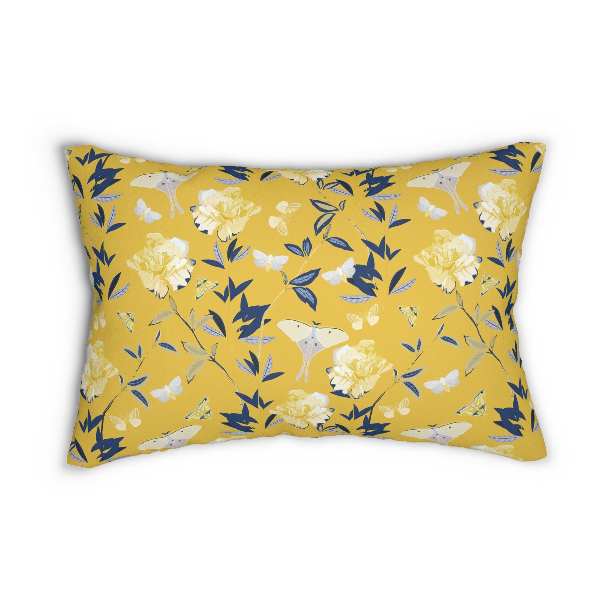 Floral Lumbar Pillow | Yellow Navy Blue Leaves, Butterflies, Botanical