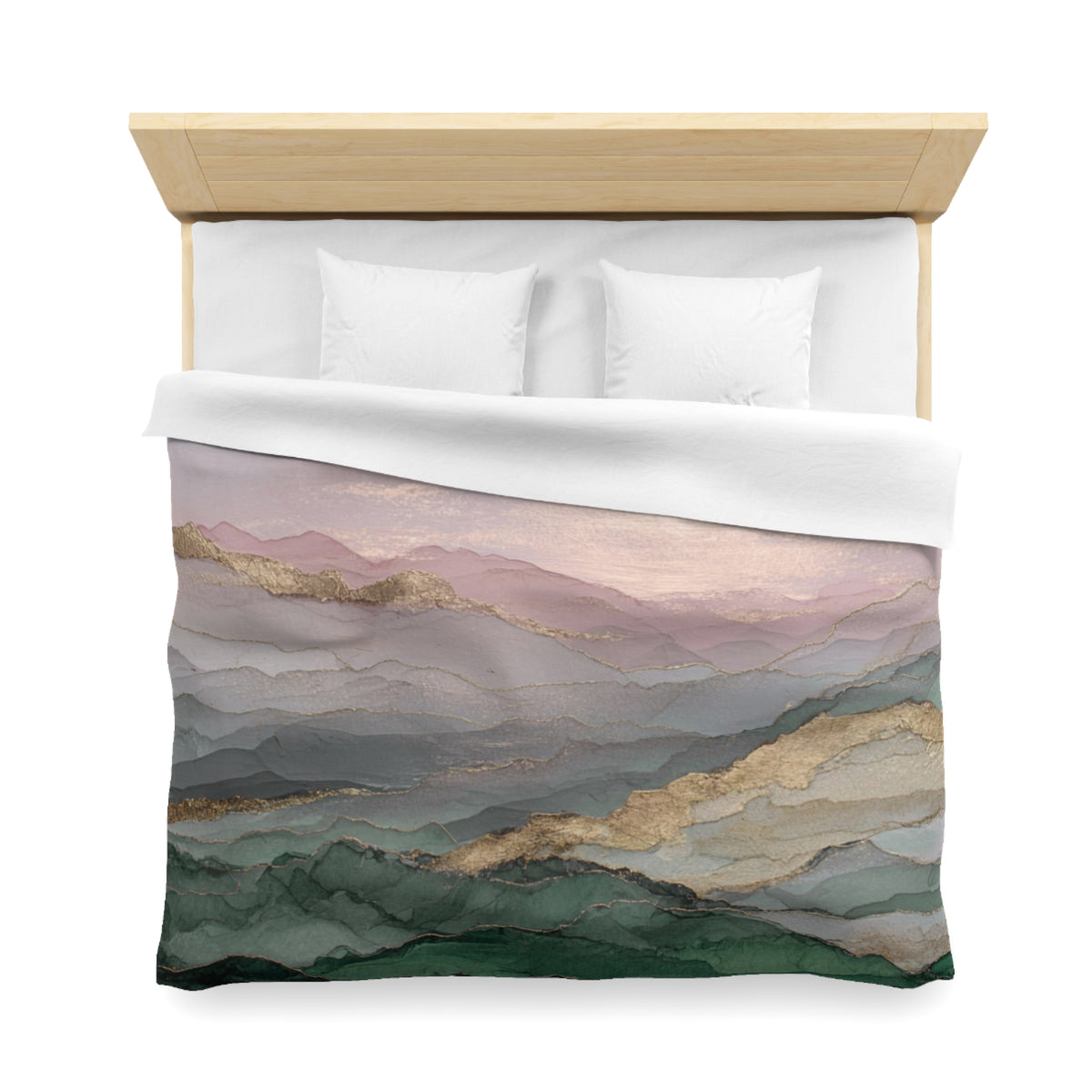 a bed with a colorful, abstract mountain landscape printed on the comforter.
