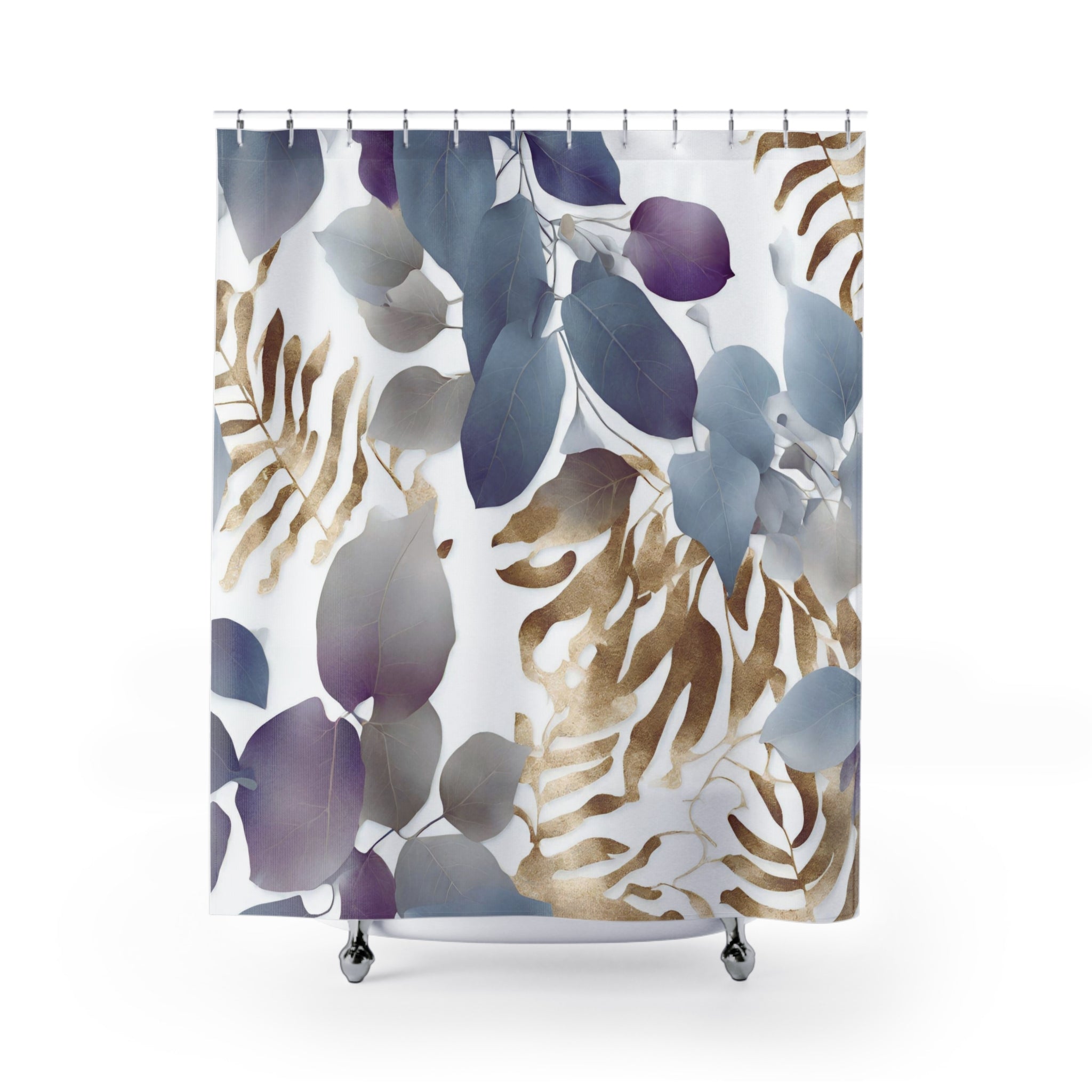 Floral Shower Curtain | Tropical Eucalyptus Leaves, Blue Purple Beige