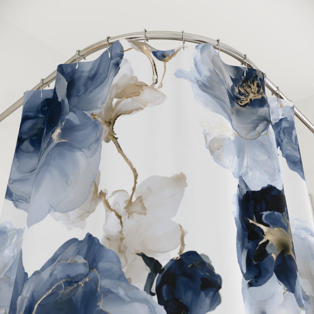 Blue Navy Watercolor Poppy Shower Curtain, Bath Curtain 71x74