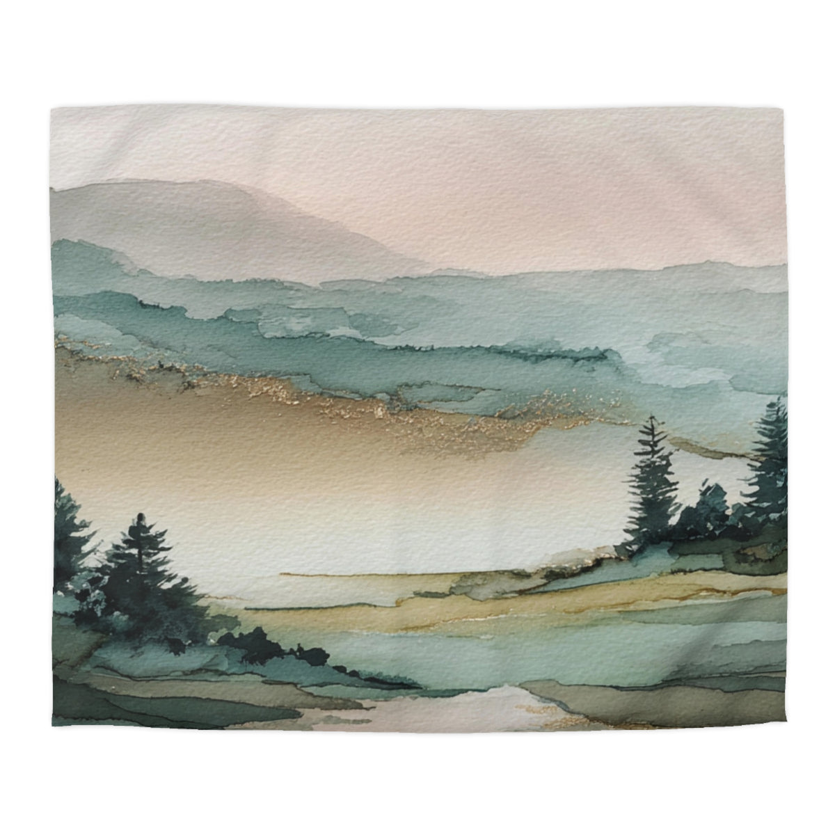 a serene landscape with a body of water, trees, and mountains in the background.