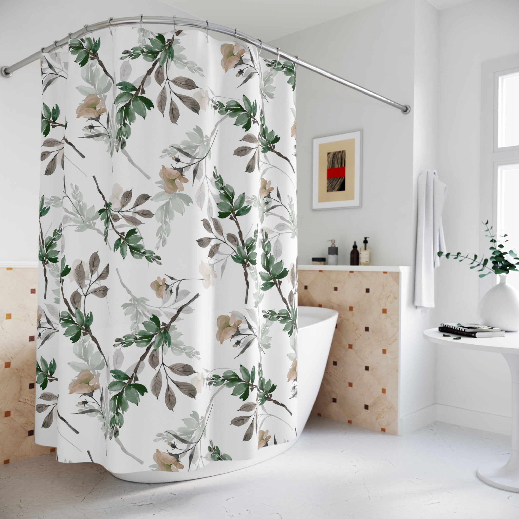 Floral Shower Curtain | Sage Green, White Bathroom Decor