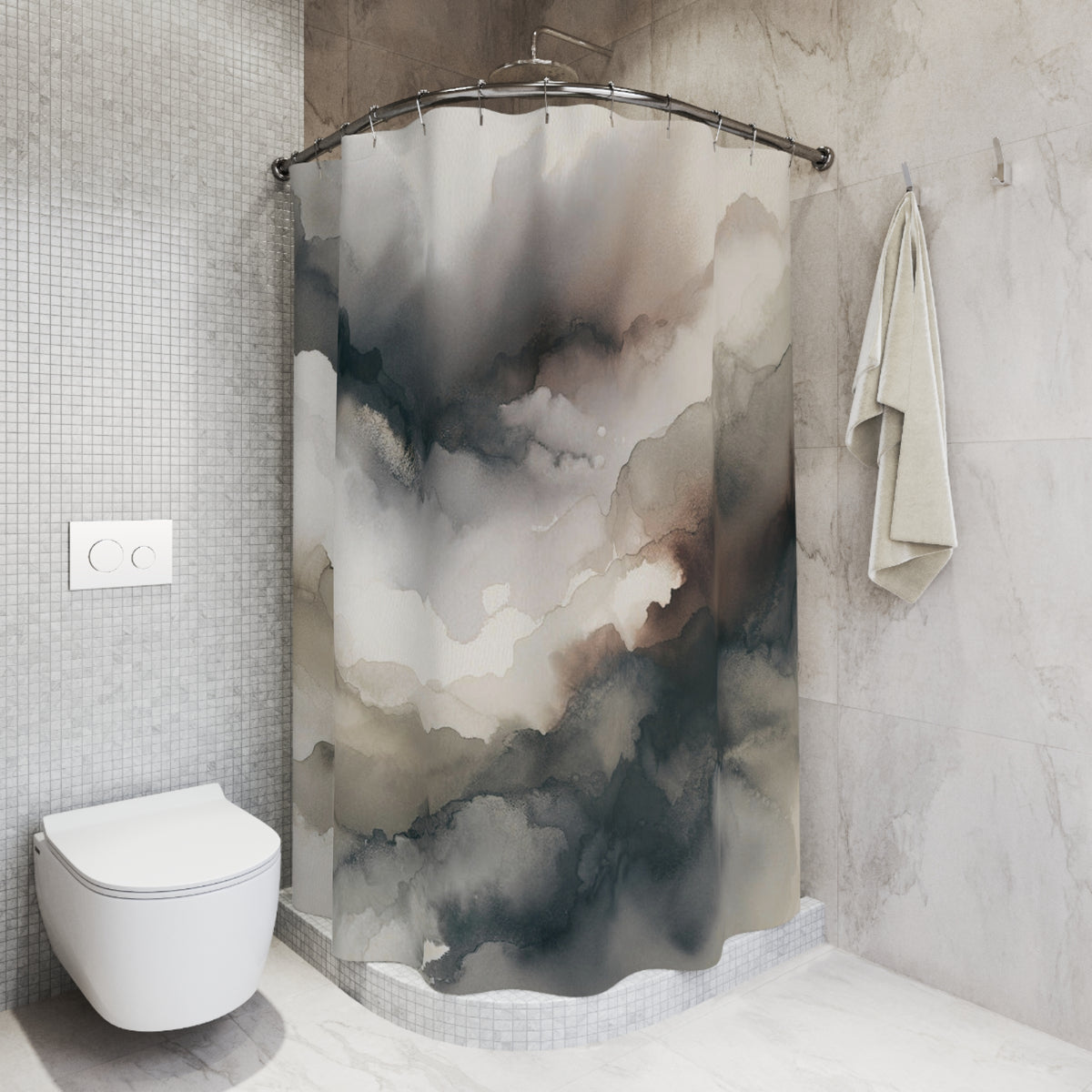 a modern bathroom with a shower curtain featuring a watercolor-style abstract design in shades of gray and brown. The bathroom also includes a toilet and a towel rack.