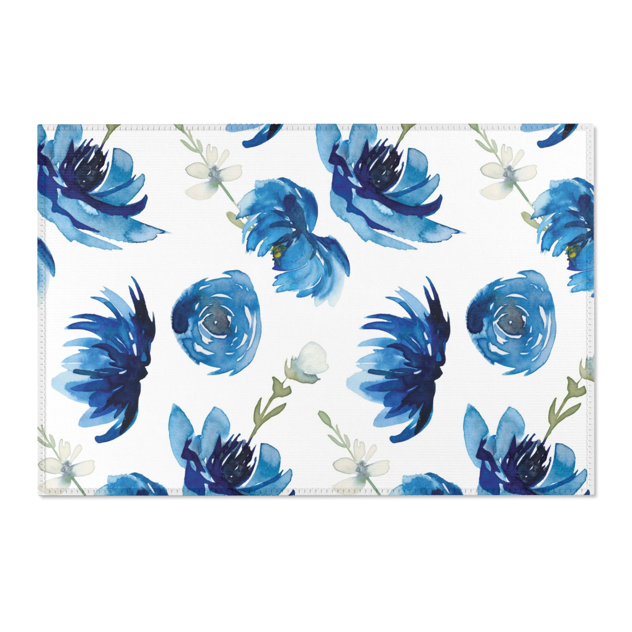 Floral Area Rug | White Indigo Blue Roses Watercolor